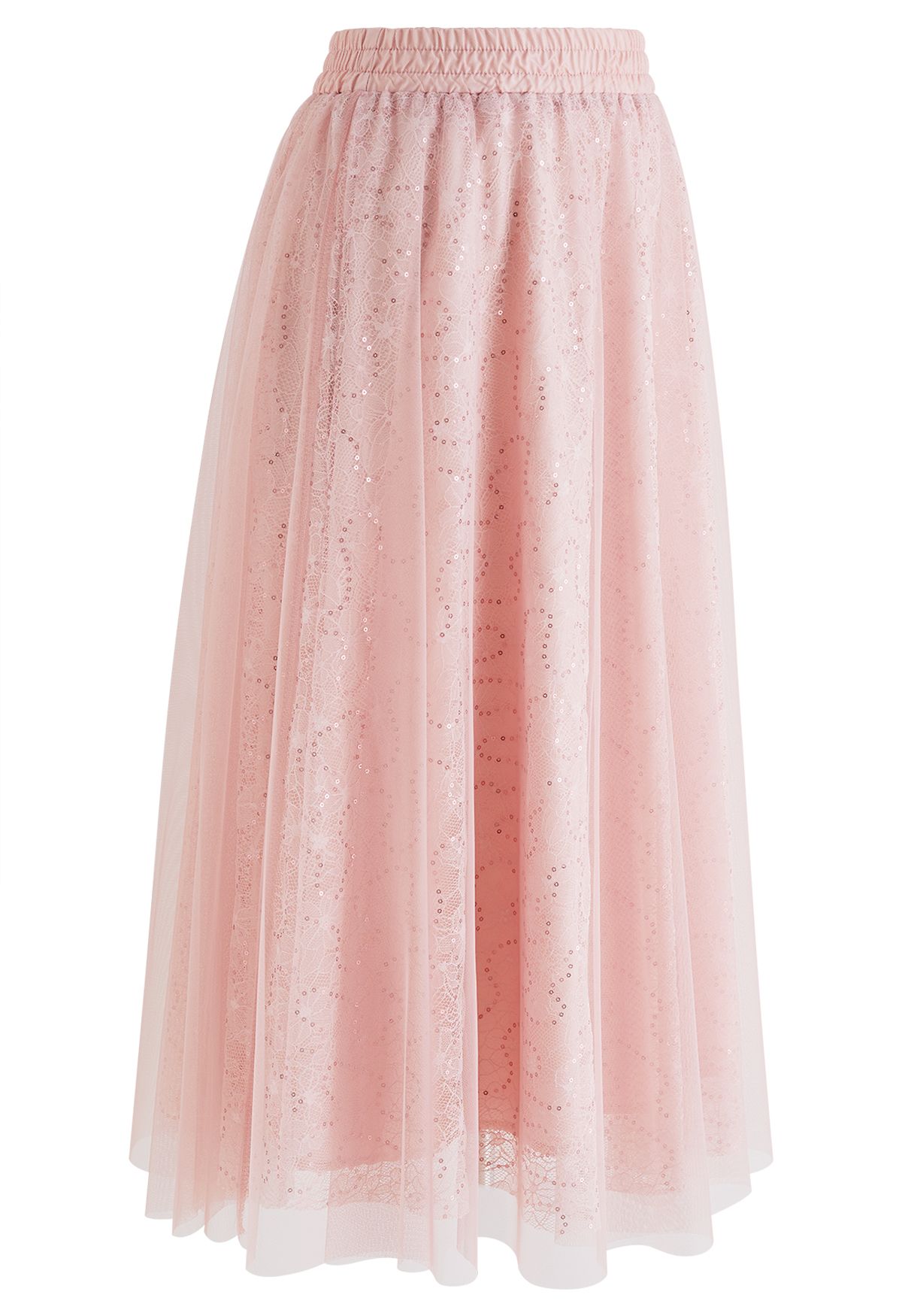 Sequined Floral Lace Mesh Tulle Skirt in Pink
