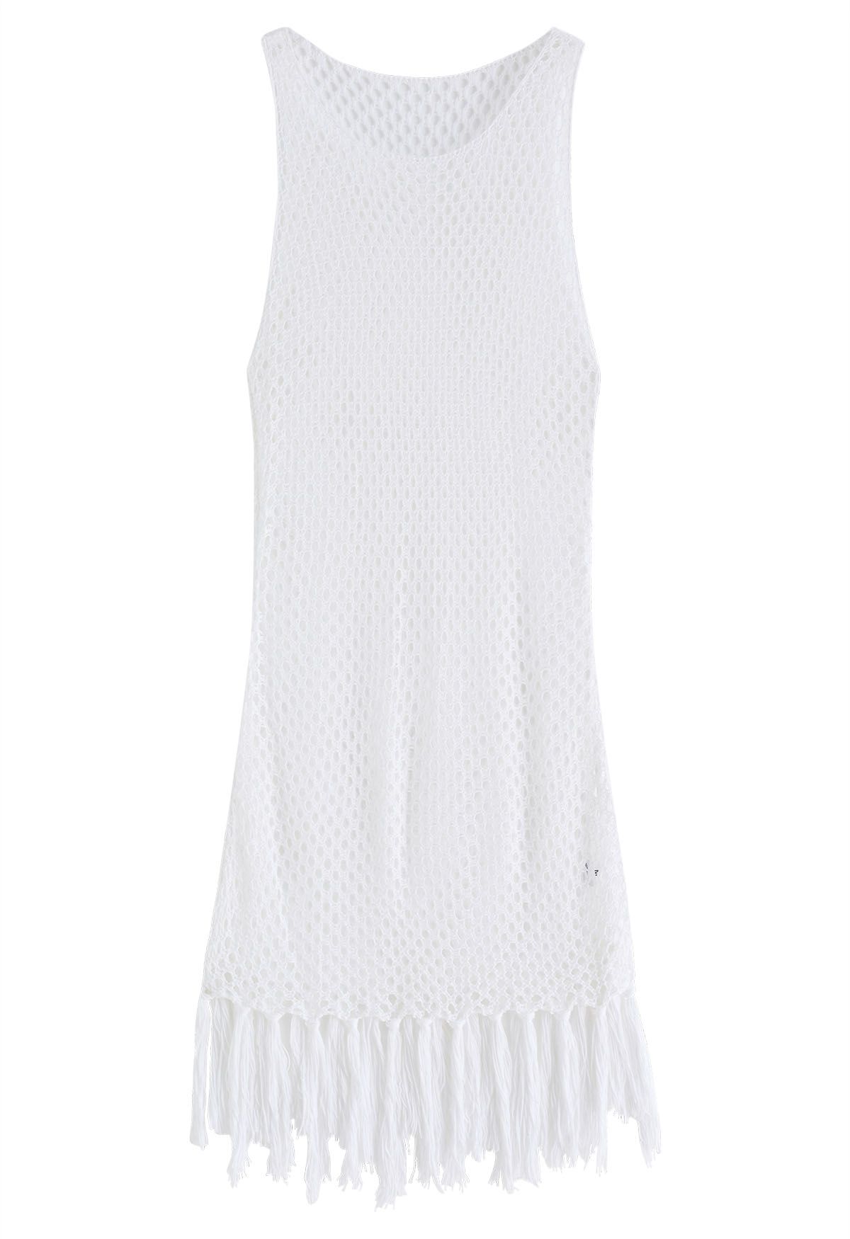 Tassel Hem Hollow Out Sleeveless Knit Cover Up in White