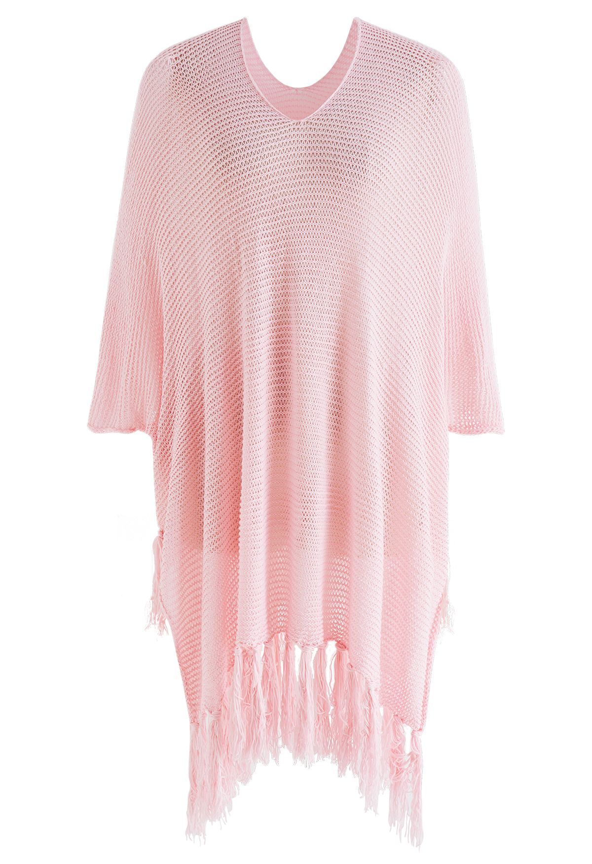 Fringed Hem Pointelle Knit Cover Up in Pink