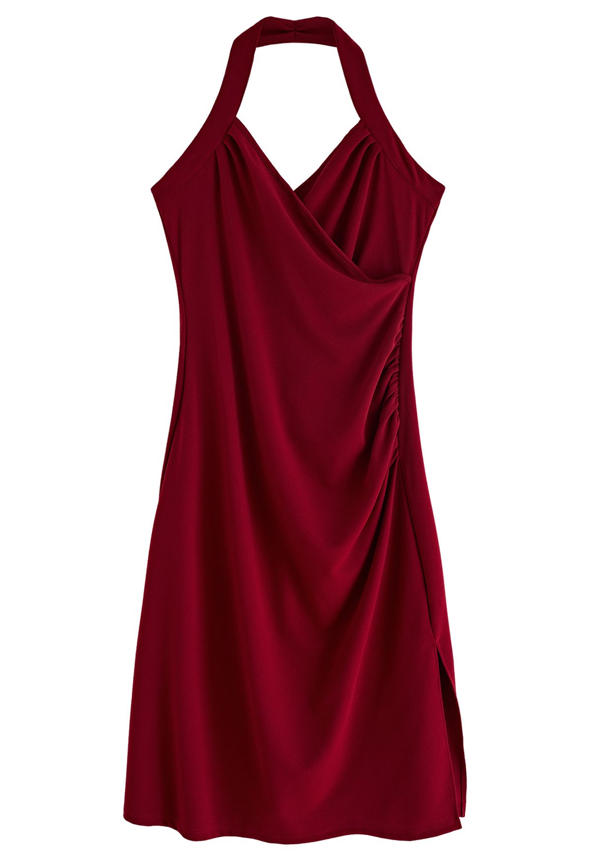 Halter Neck Wrap Bust Dress in Burgundy