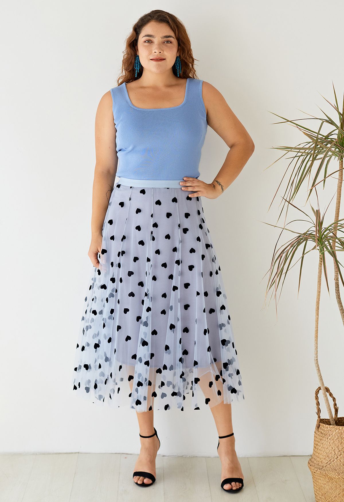 3D Heart Double-Layered Mesh Maxi Skirt in Blue