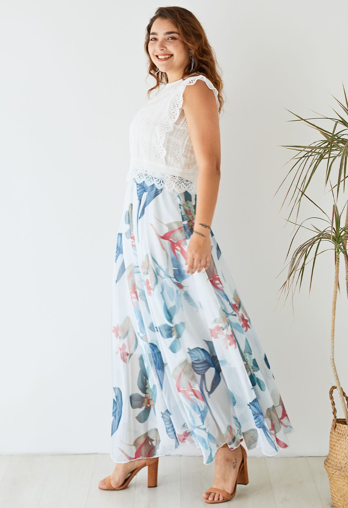 Tropical Floral Watercolor Maxi Skirt in White