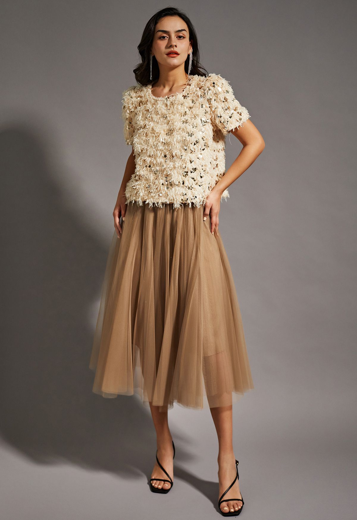 Venus Glitter Mesh Tulle Midi Skirt in Caramel