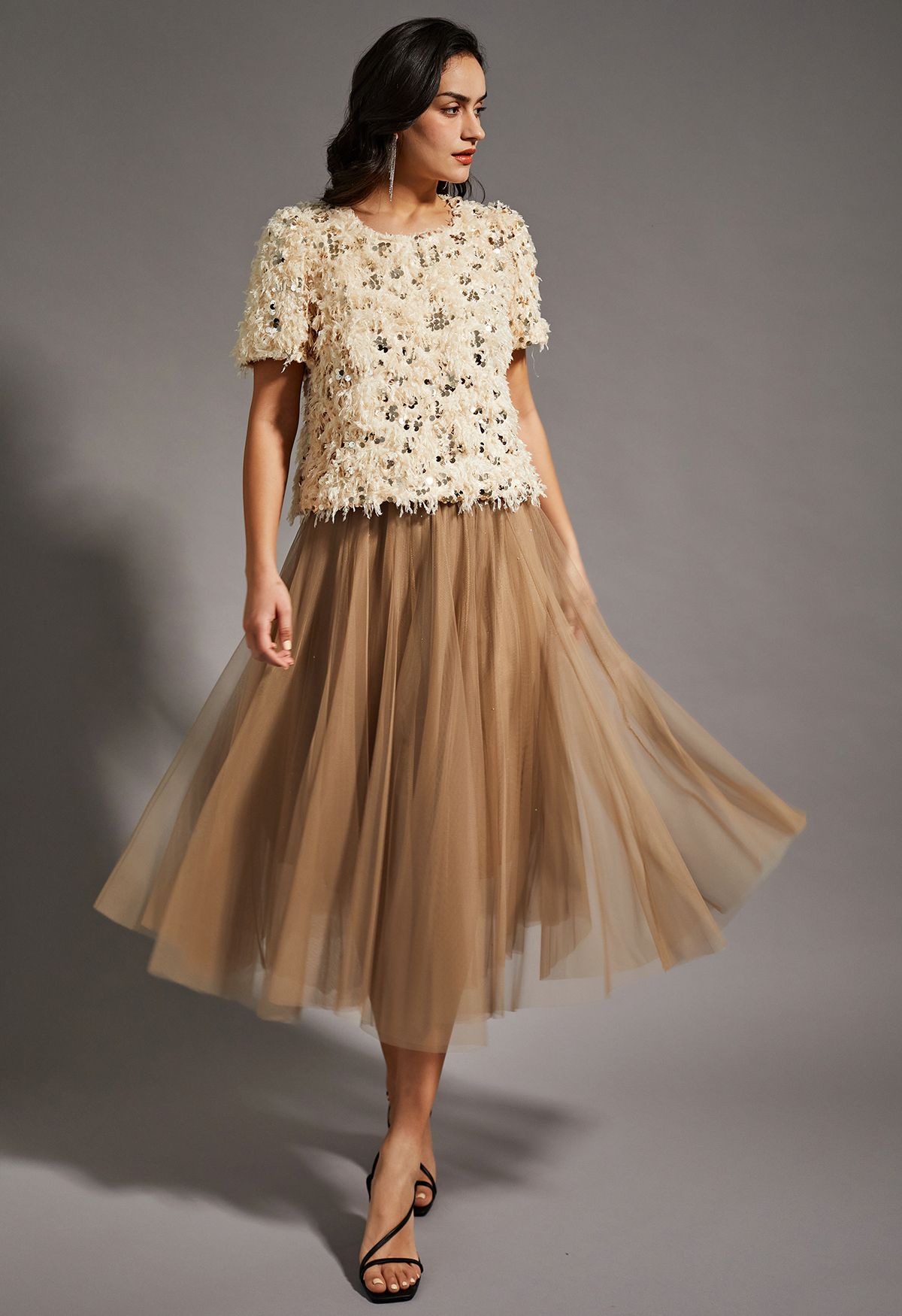 Venus Glitter Mesh Tulle Midi Skirt in Caramel