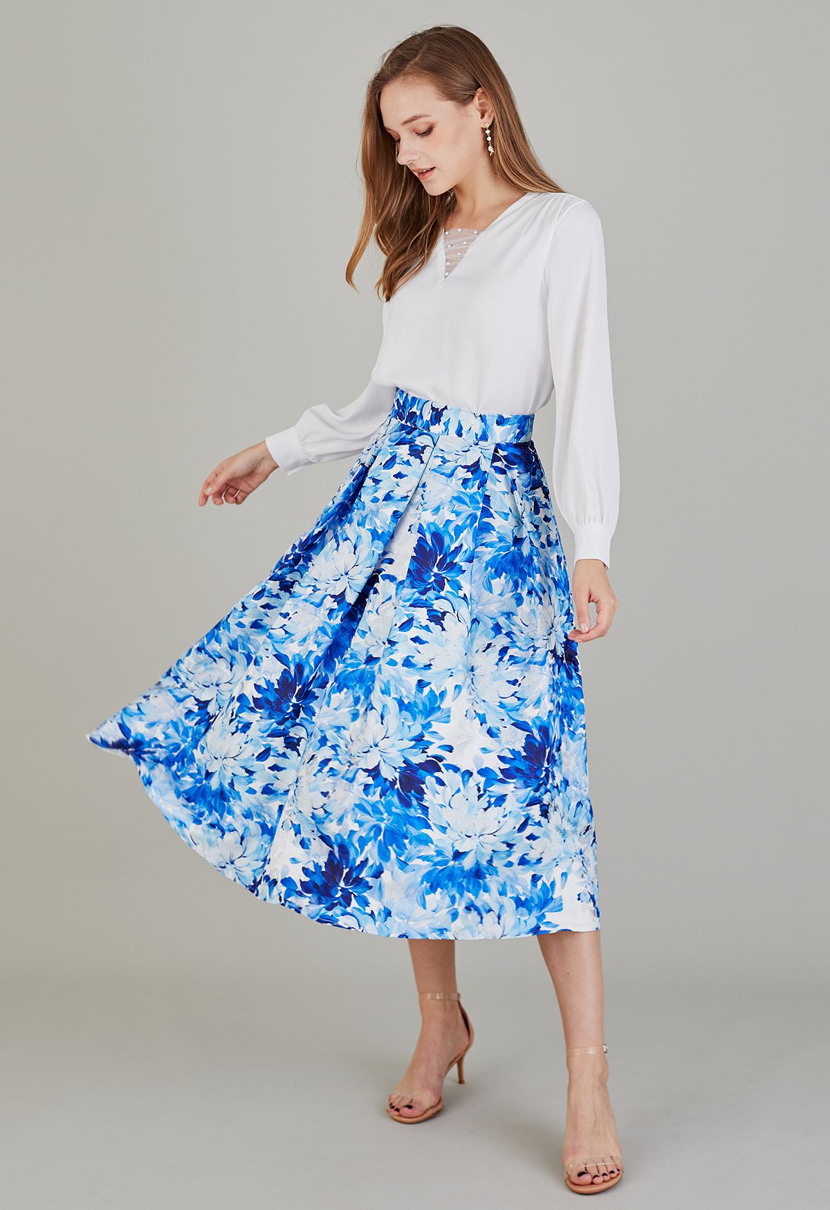 Royal Blue Floral Printed Jacquard Pleated Midi Skirt