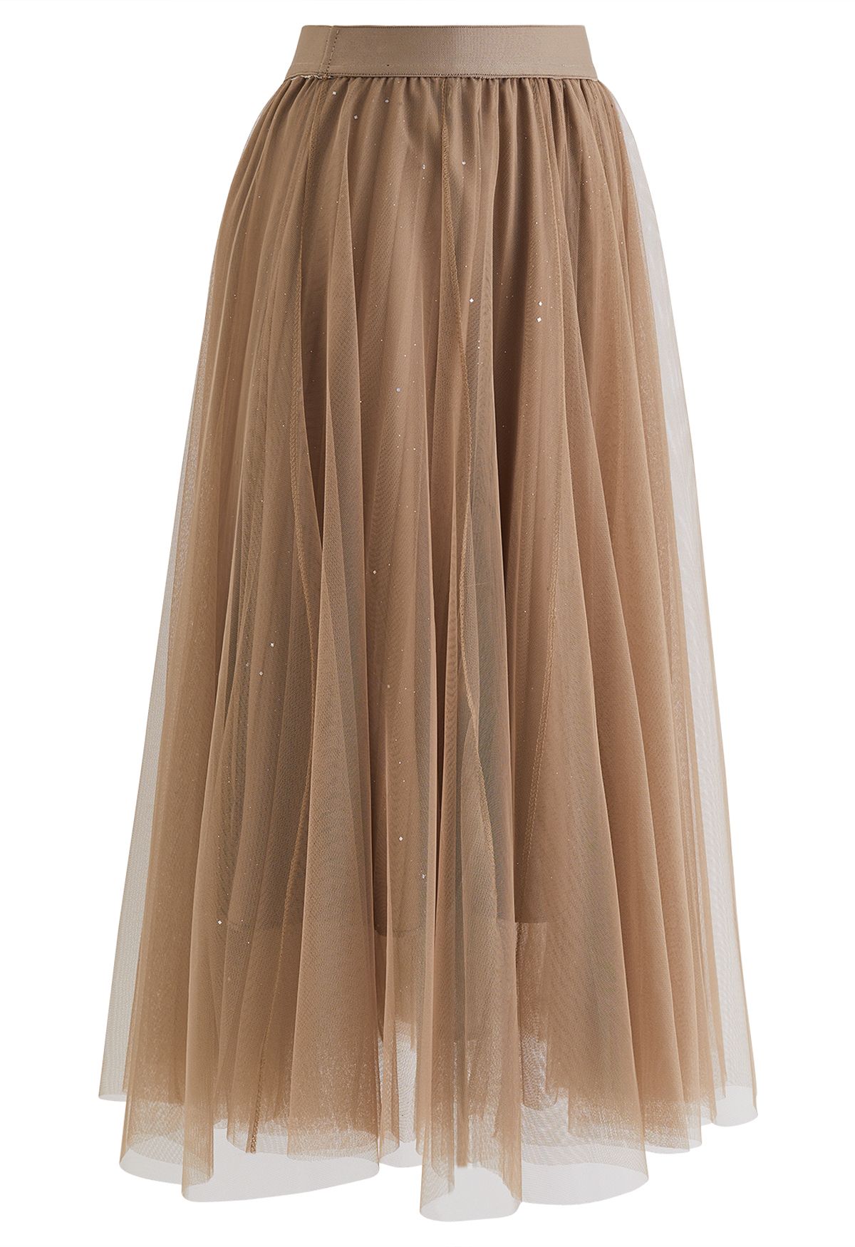 Venus Glitter Mesh Tulle Midi Skirt in Caramel