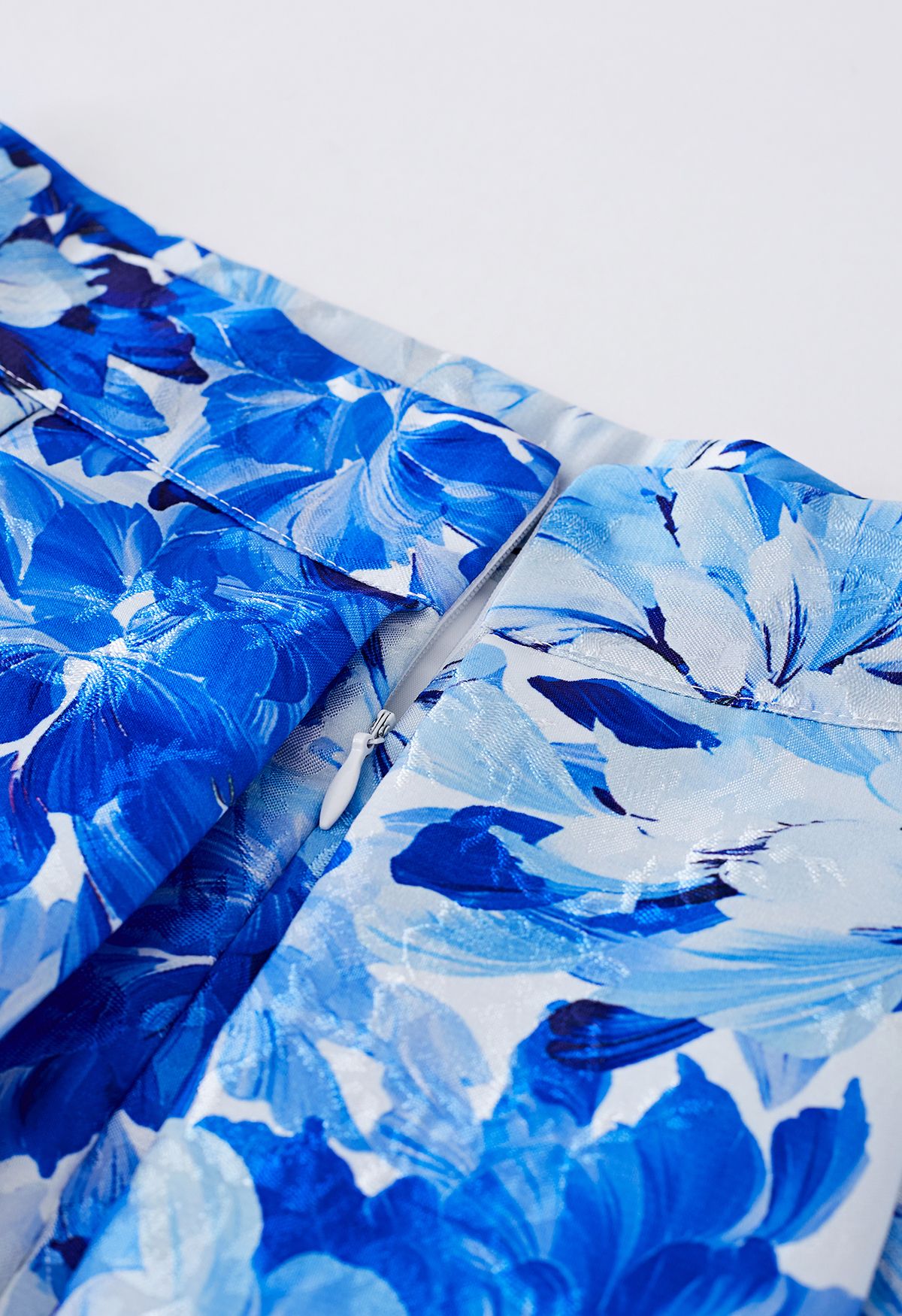 Royal Blue Floral Printed Jacquard Pleated Midi Skirt