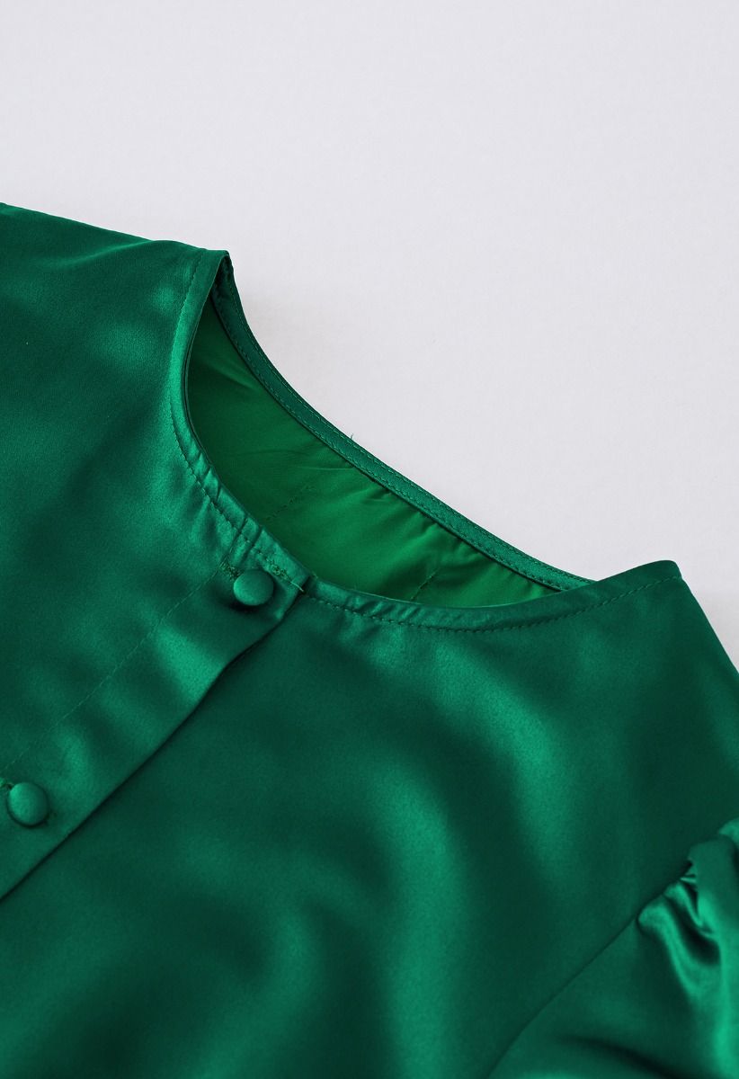 Glossy Satin Button Down Midi Dress in Emerald