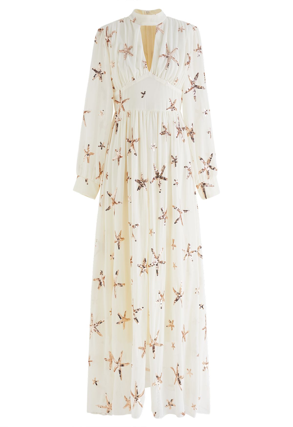 Stars Sequin-Embellished Front Slip Maxi Dress in Light Yellow