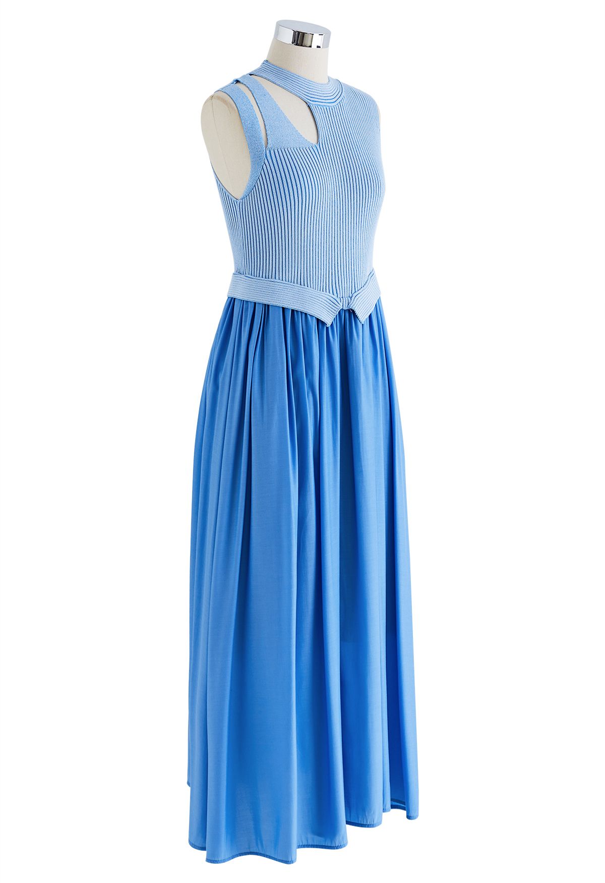 Cutout Neckline Knit Spliced Dress in Blue