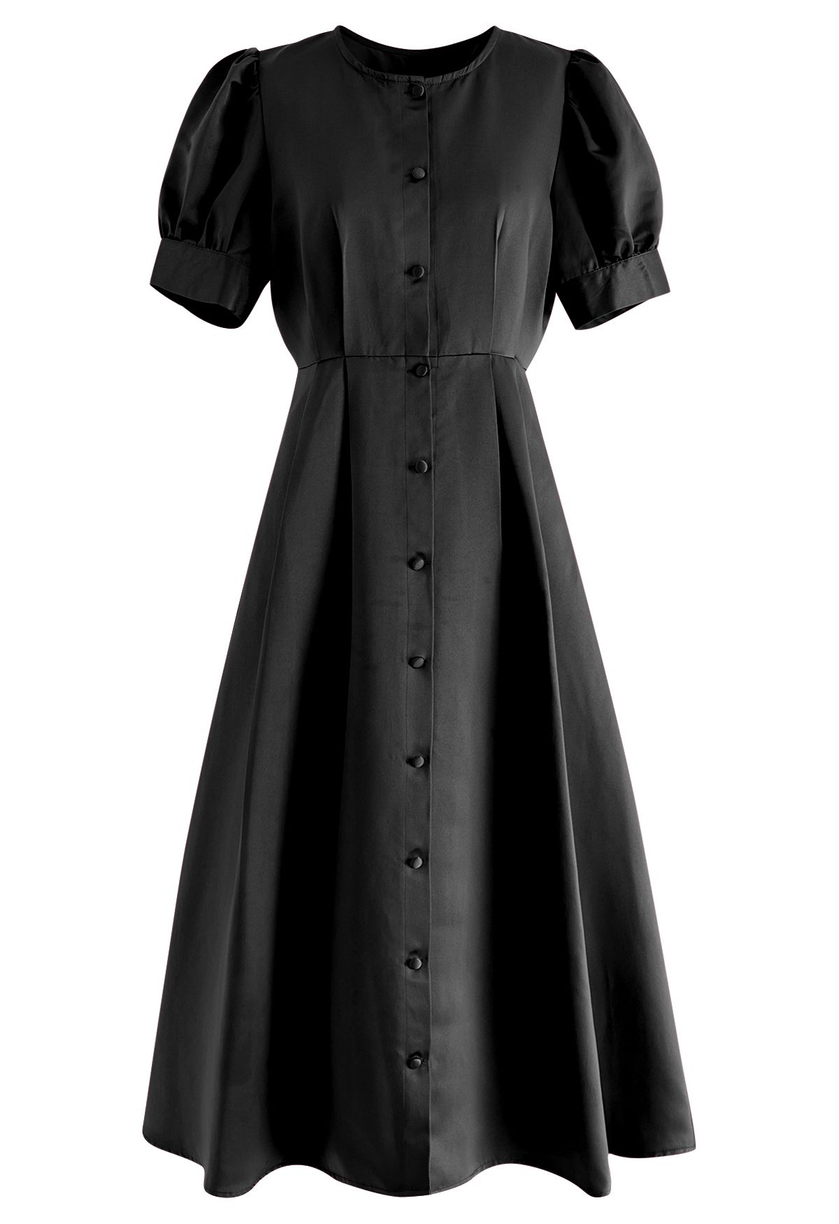 Glossy Satin Button Down Midi Dress in Black