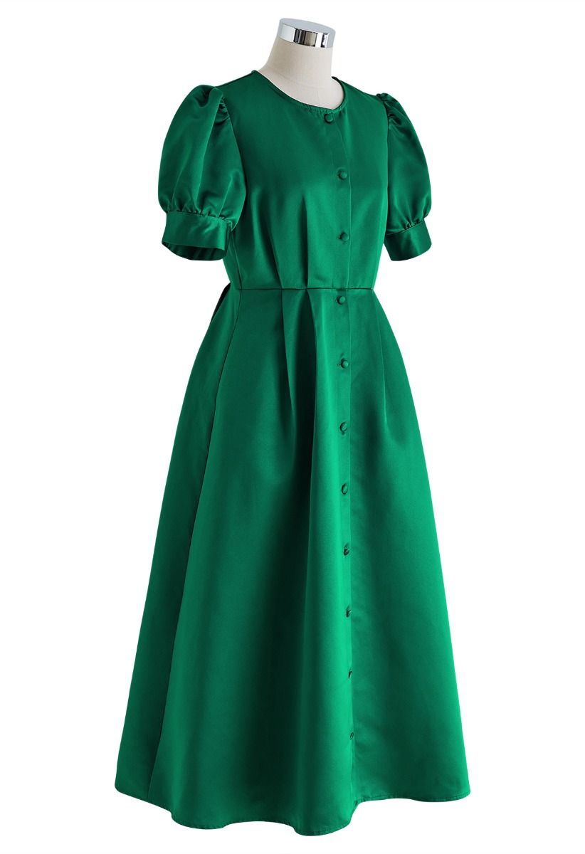 Glossy Satin Button Down Midi Dress in Emerald