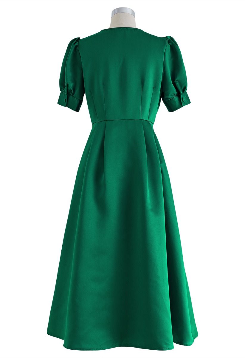 Glossy Satin Button Down Midi Dress in Emerald