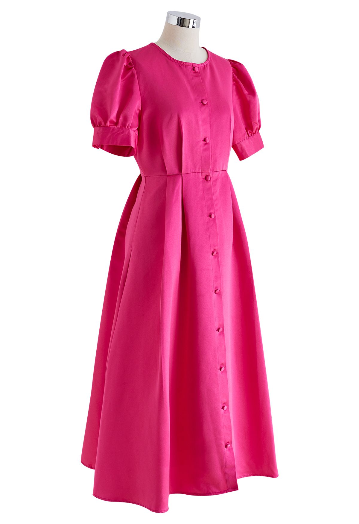 Glossy Satin Button Down Midi Dress in Hot Pink