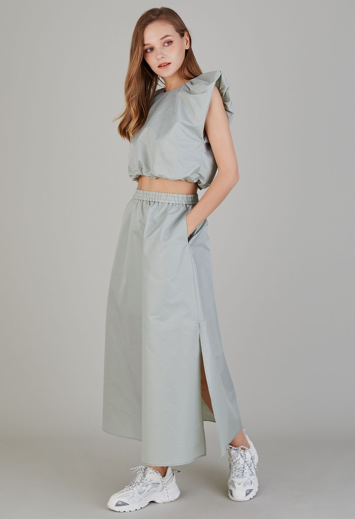 Breezy Bliss Crop Top and Slit Maxi Skirt Set in Pea Green