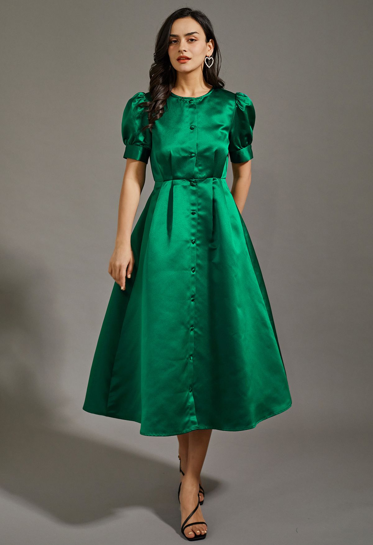 Glossy Satin Button Down Midi Dress in Emerald