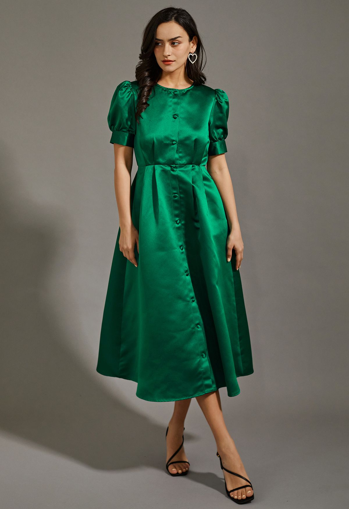 Glossy Satin Button Down Midi Dress in Emerald