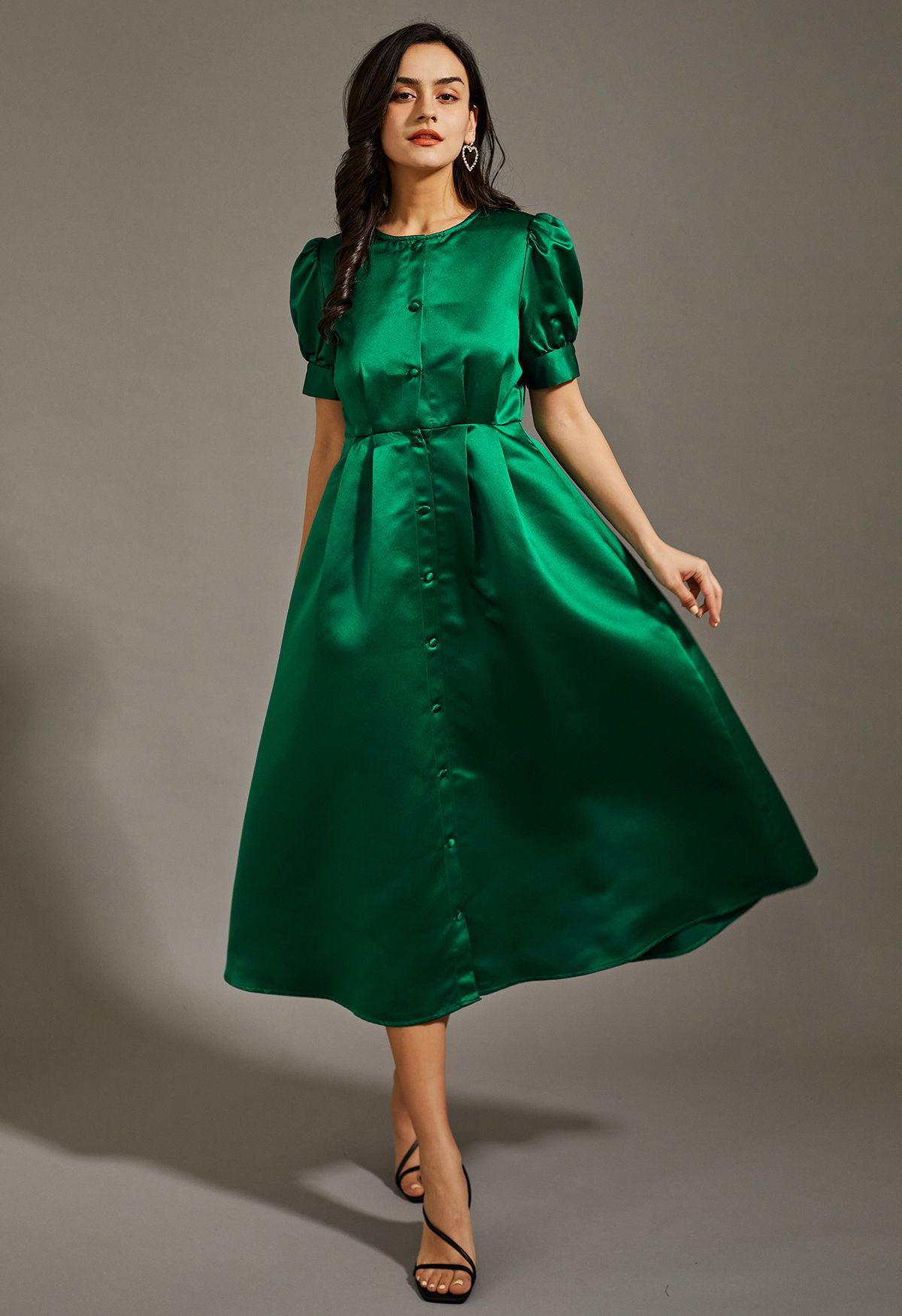 Glossy Satin Button Down Midi Dress in Emerald