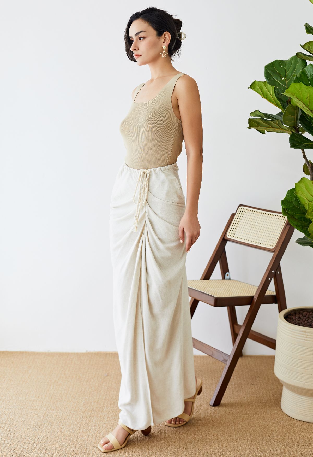 Breathable Linen Drape Maxi Skirt in Linen