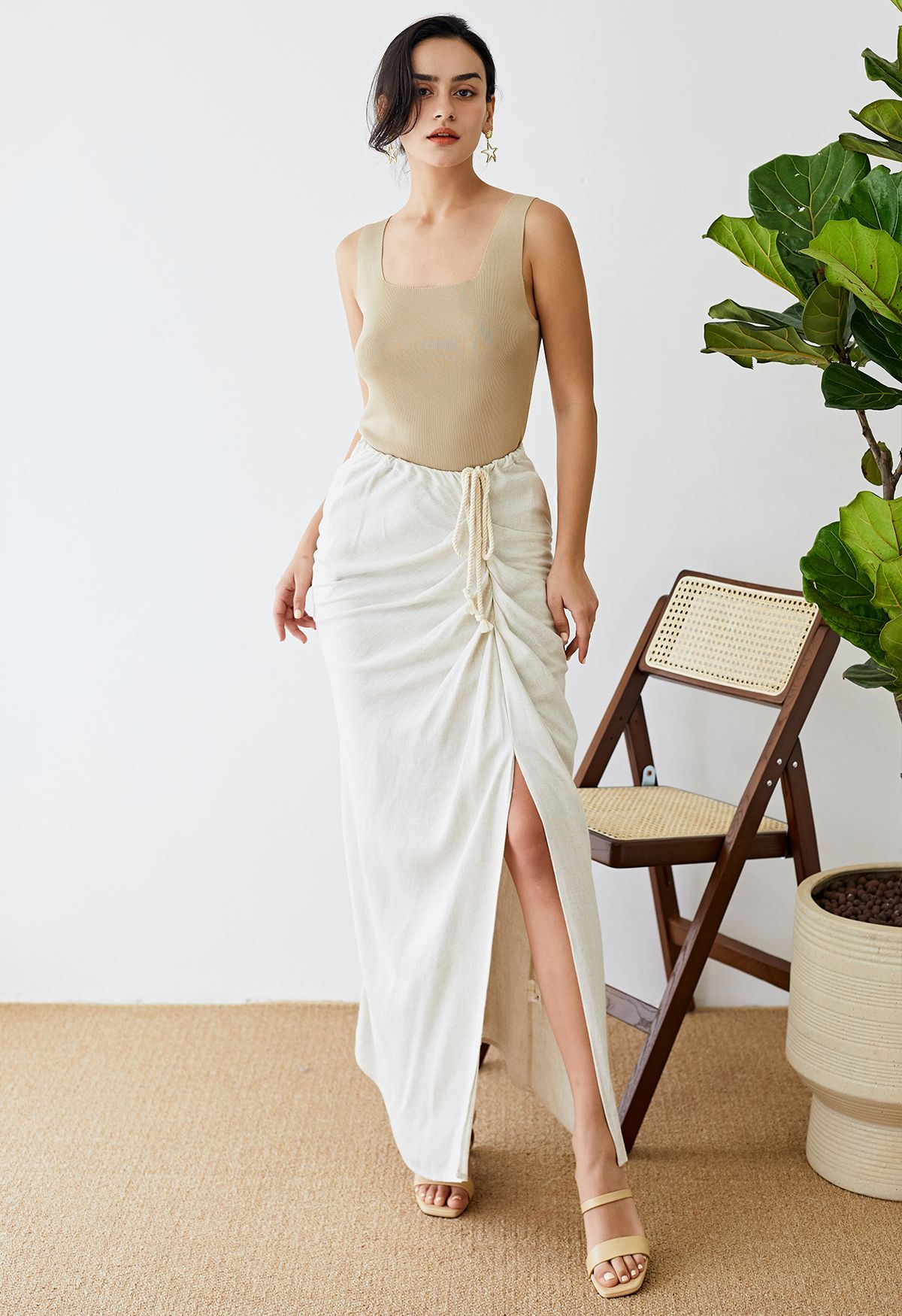 Breathable Linen Drape Maxi Skirt in Linen