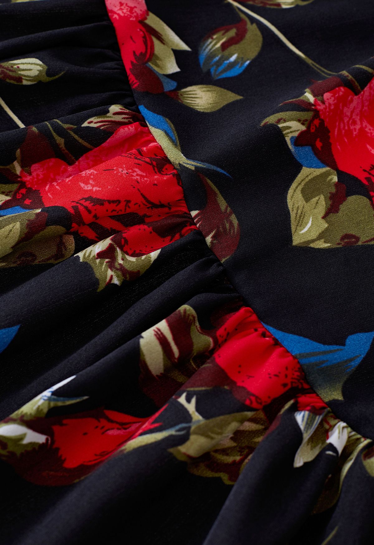 Vibrant Rose Print Asymmetric Wrap Dress in Black