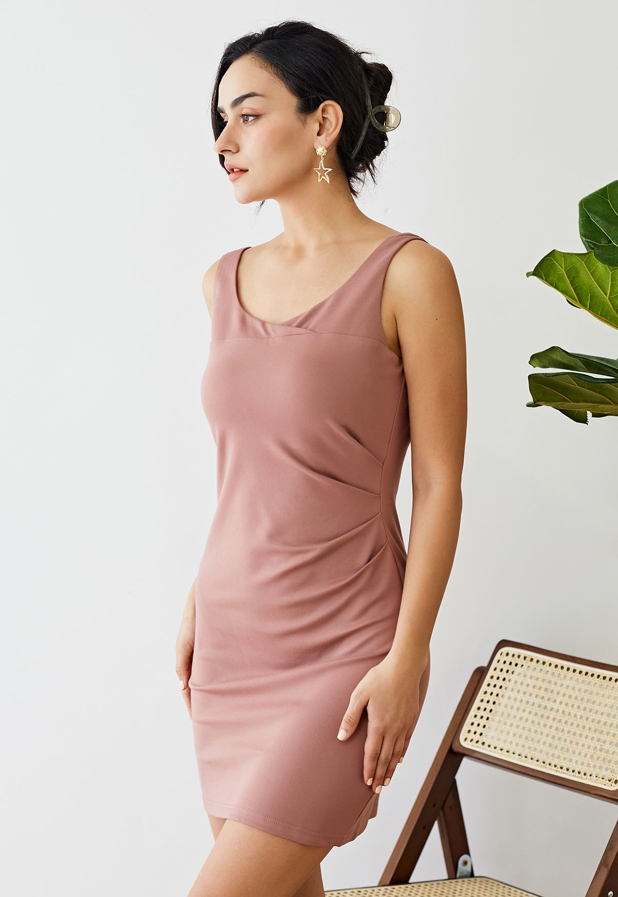 Side Ruched Tank Mini Dress in Dusty Pink