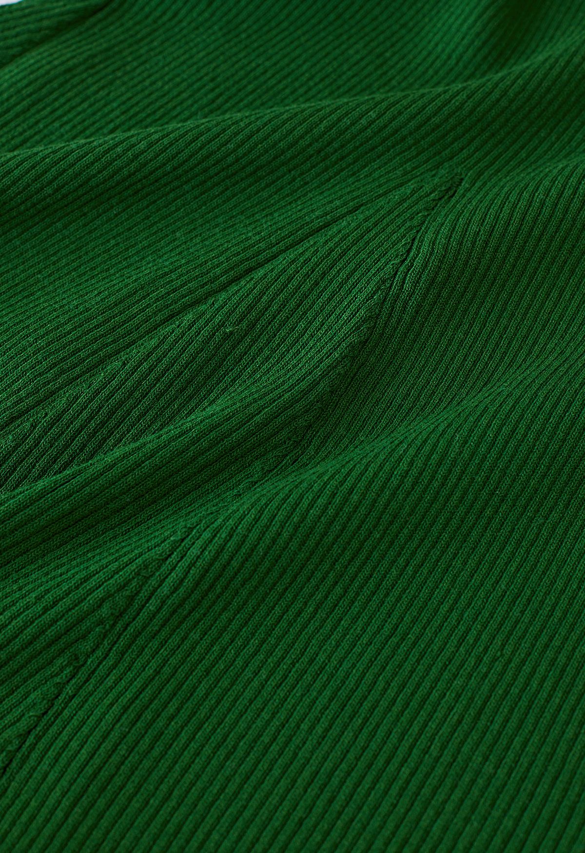 Square Neck Panel Hem Knitted Bodycon Midi Dress in Green