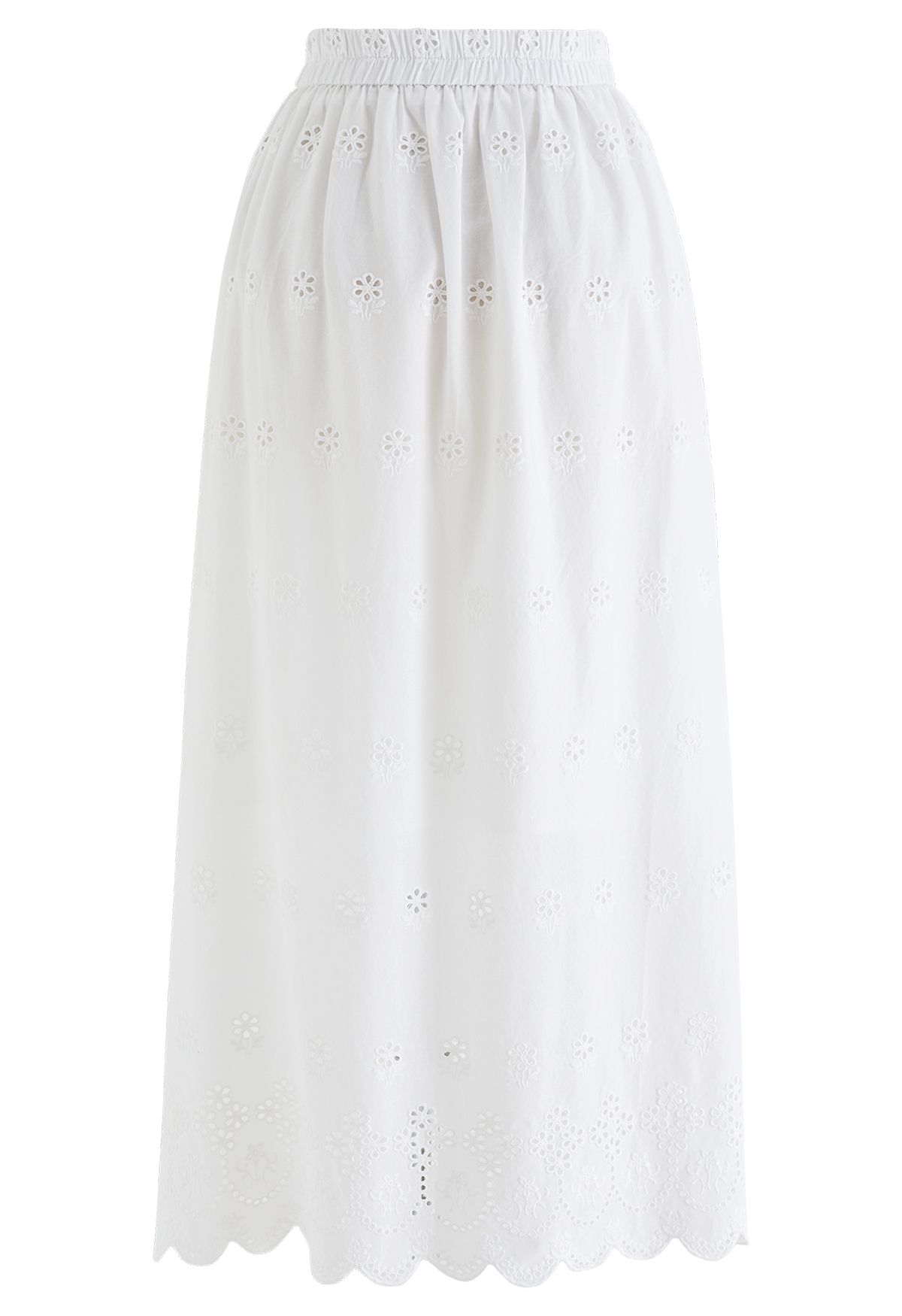 Side Slit Floret Embroidered Eyelet Maxi Skirt in White