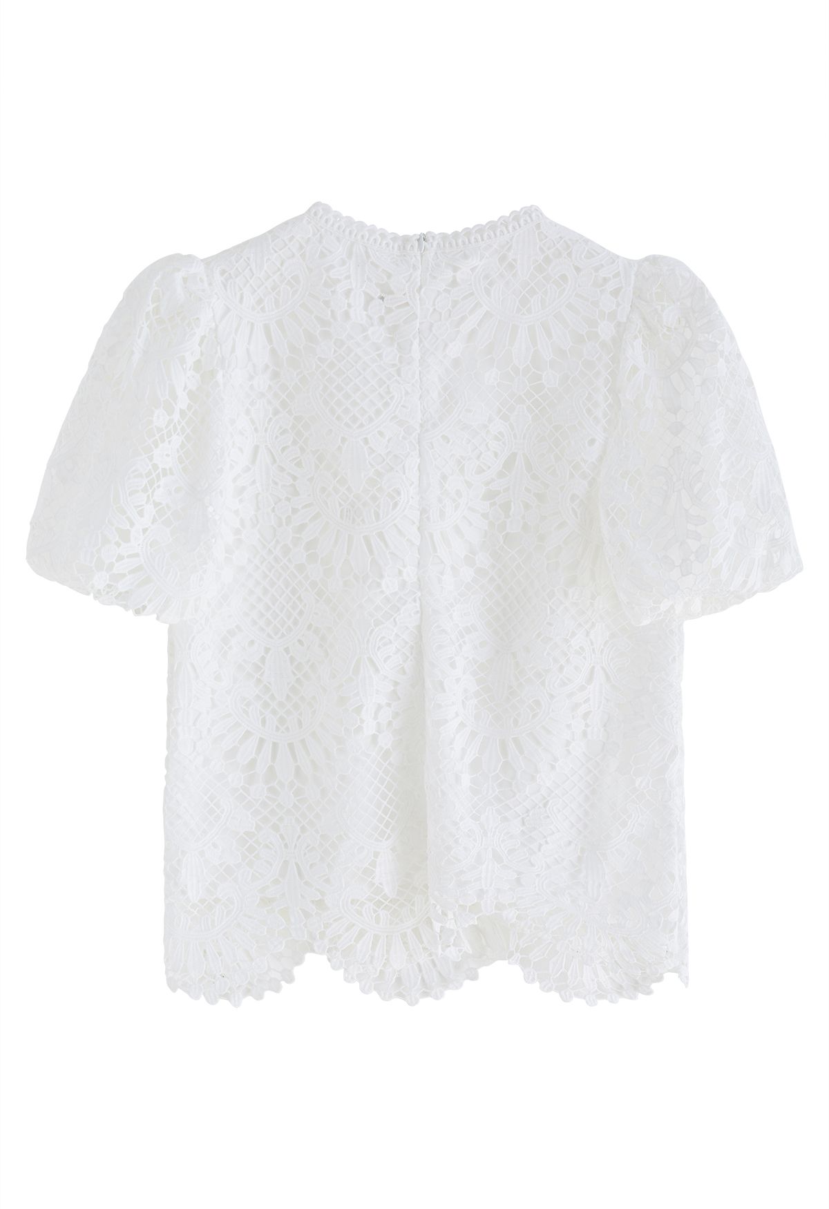 Scallop Edge Bubble Sleeve Crochet Top in White