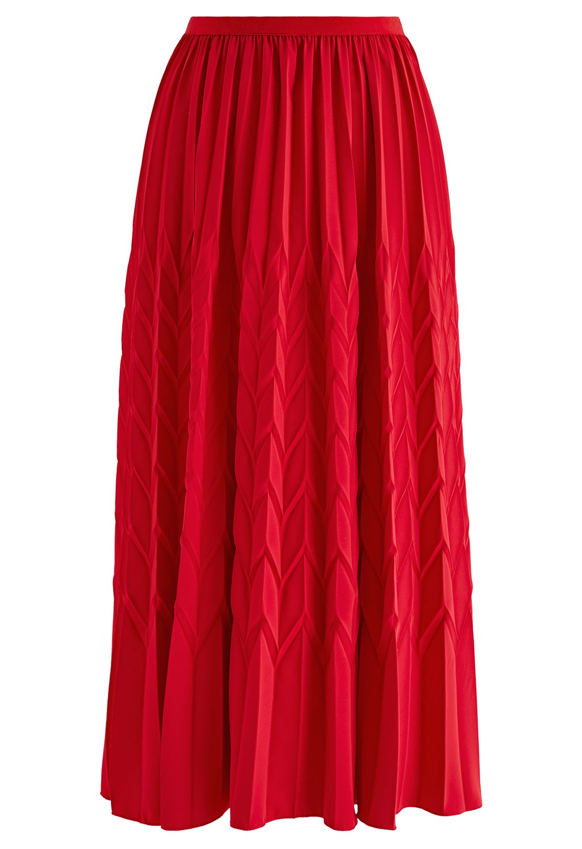 Zigzag Embossed Pleated Midi Skirt in Red