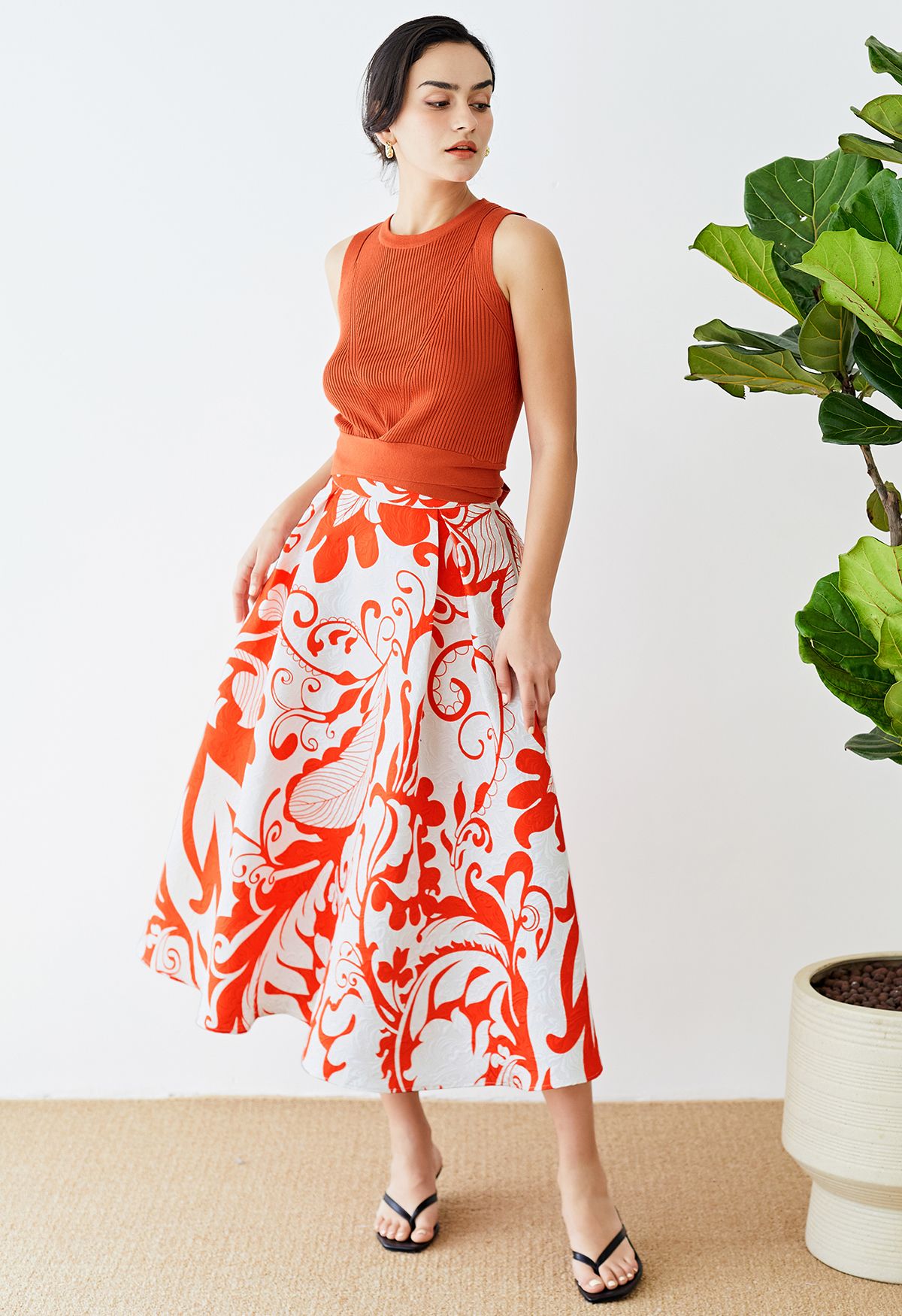 Orange Branch Jacquard Midi Skirt