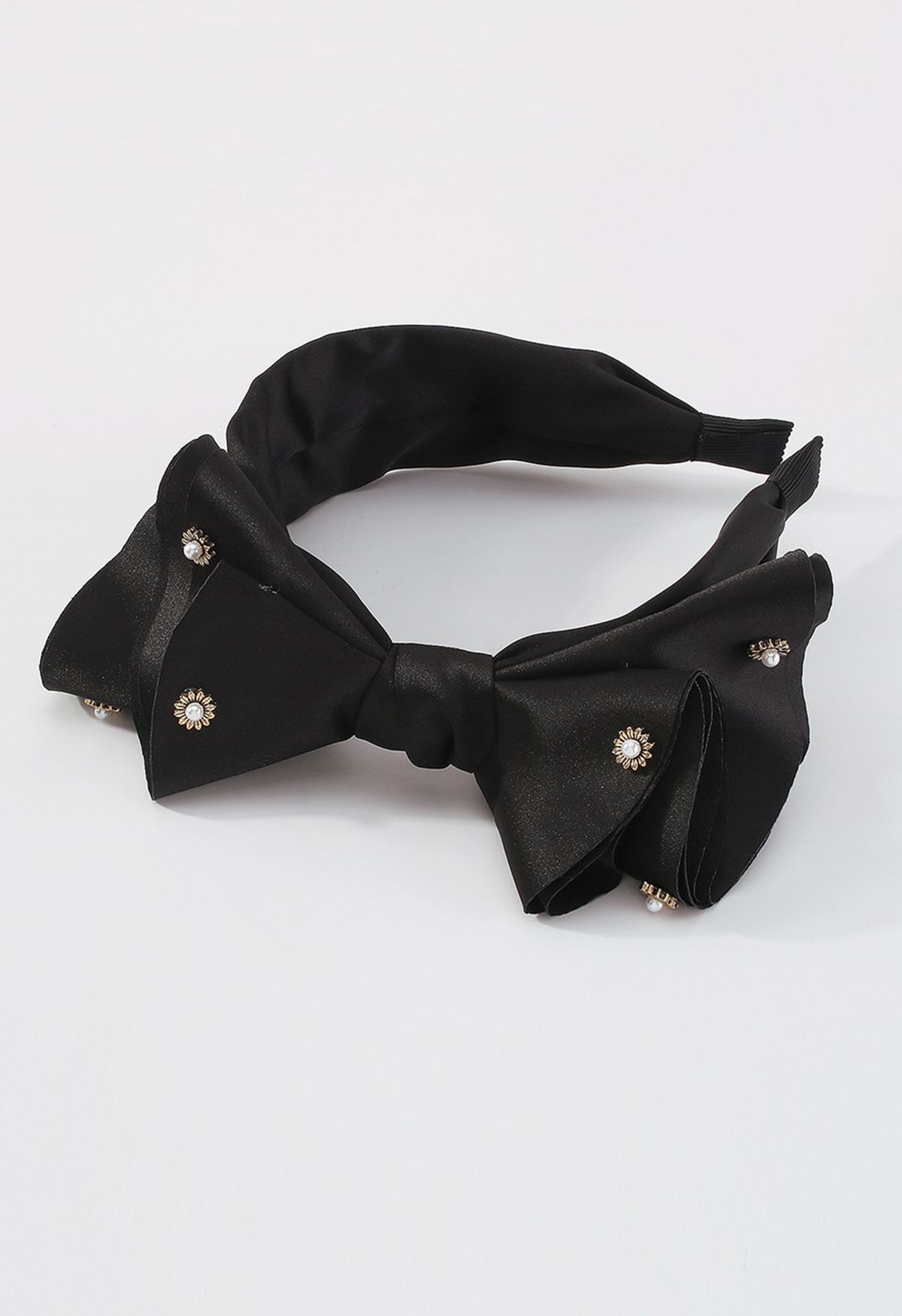 Fancy Bowknot Pearl Satin Headband in Black