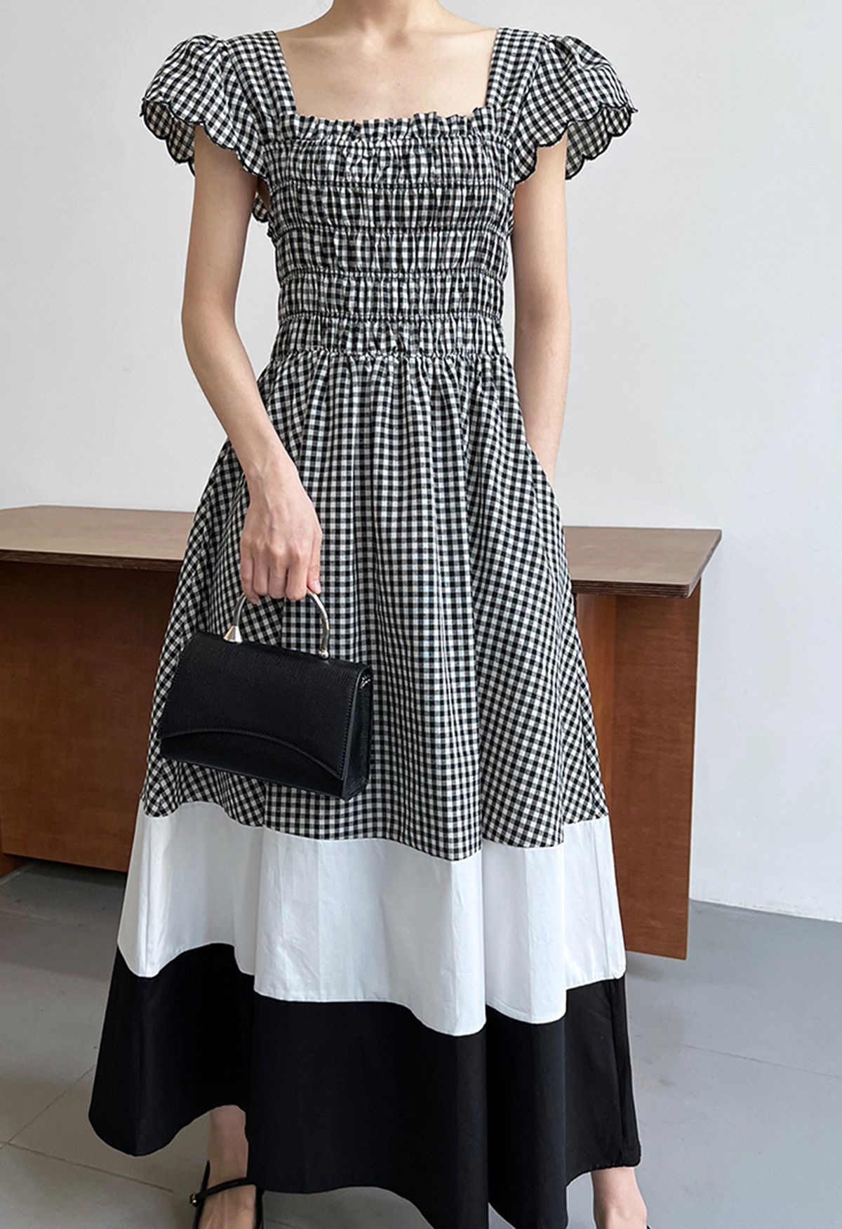 Gingham Color Blocked Flutter Sleeve Midi Dress