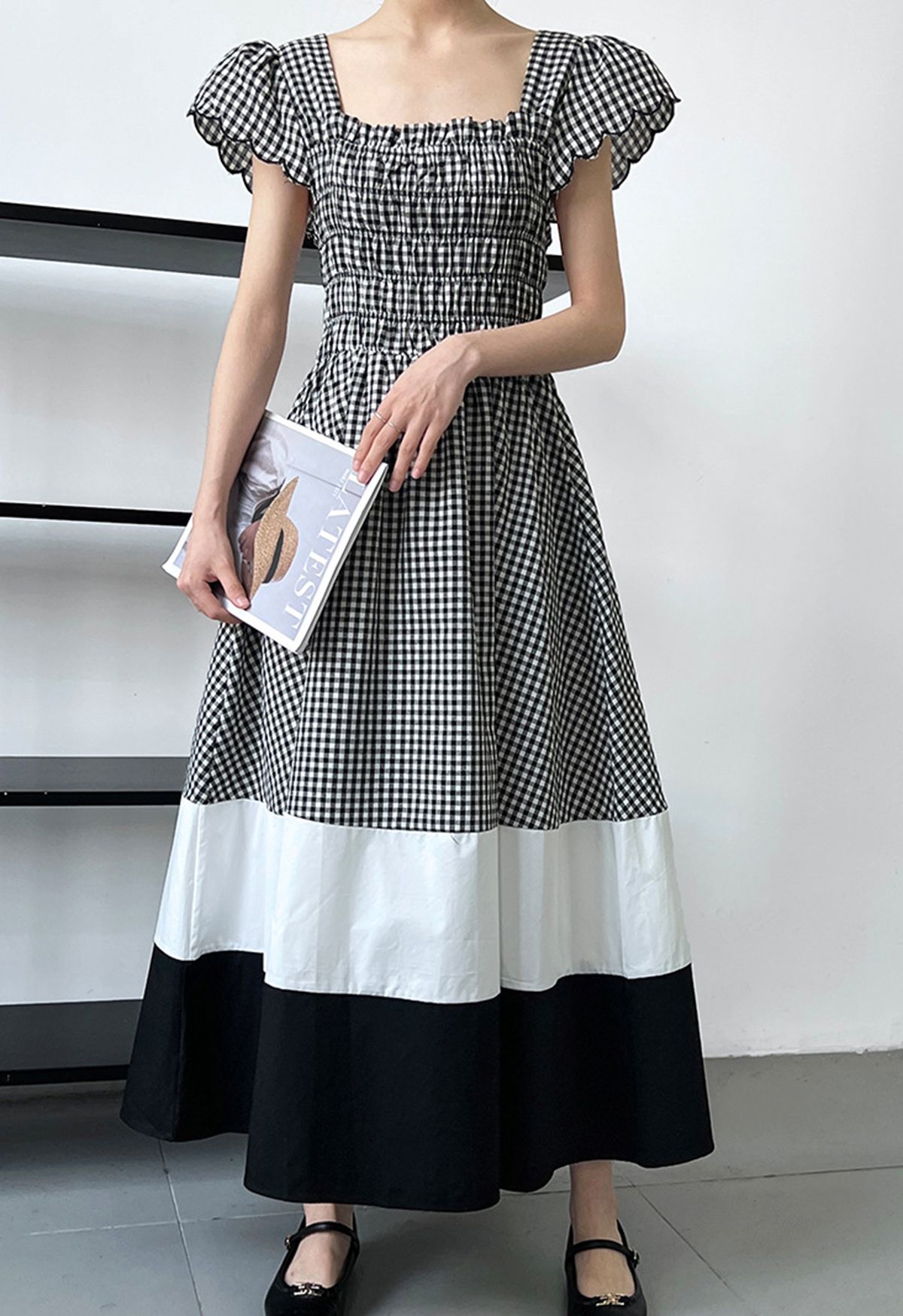 Gingham Color Blocked Flutter Sleeve Midi Dress