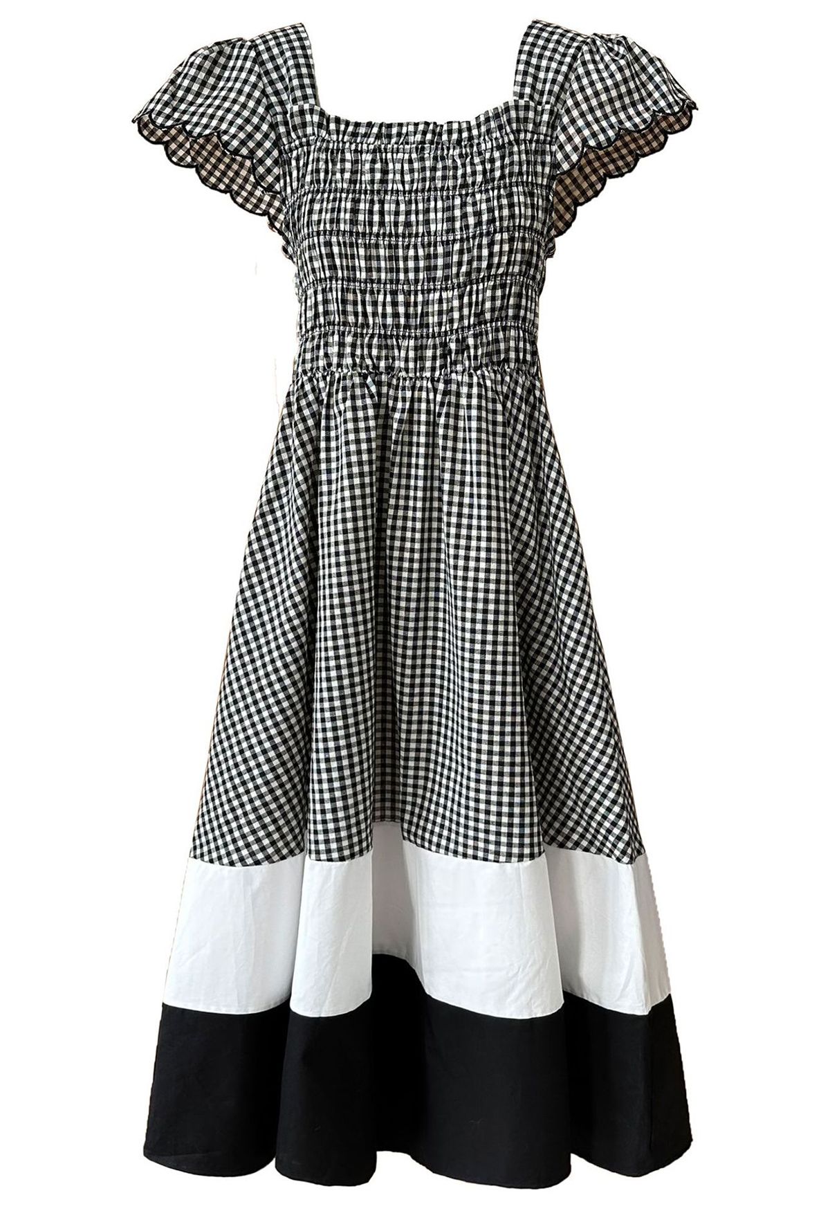 Gingham Color Blocked Flutter Sleeve Midi Dress