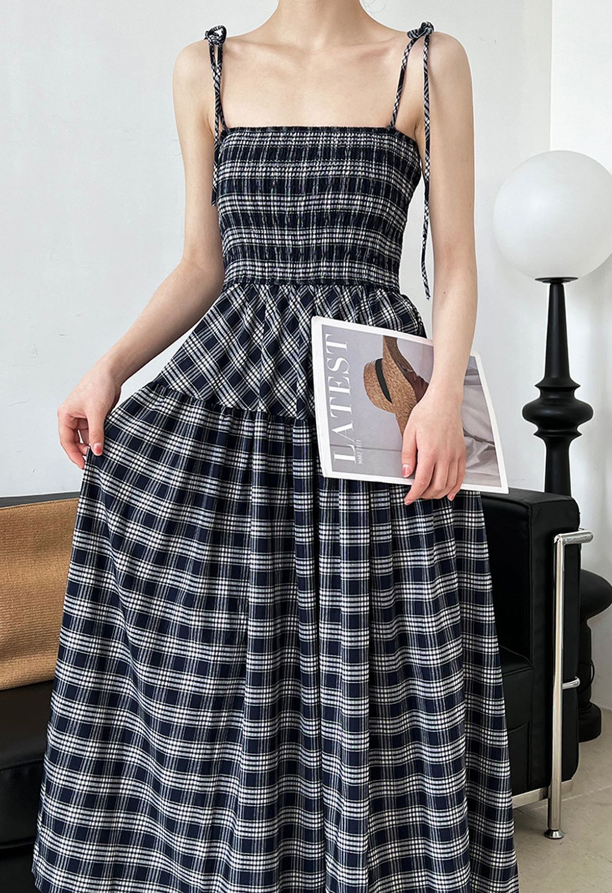 Tartan Tie-String Elastic Shirred Dress