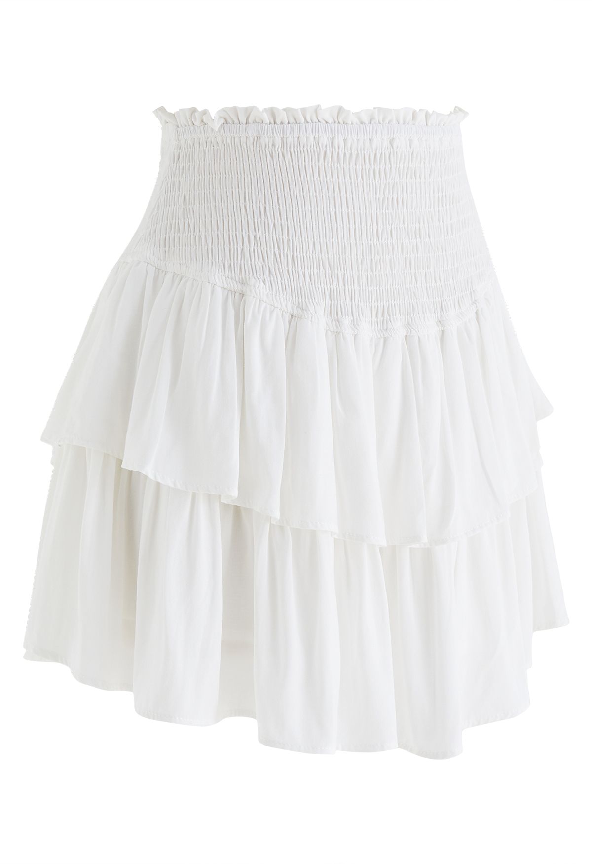 Tiered Ruffle Shirred Waist Mini Skirt in White