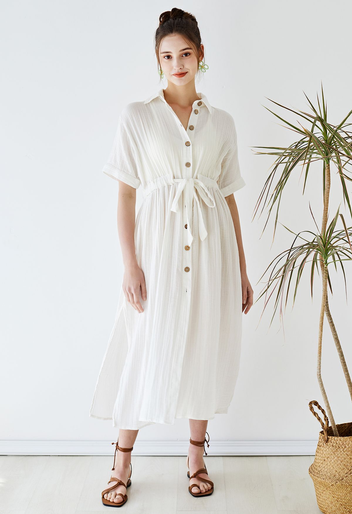 Sunshine Fun Time Button Front Shirt Dress in Ivory