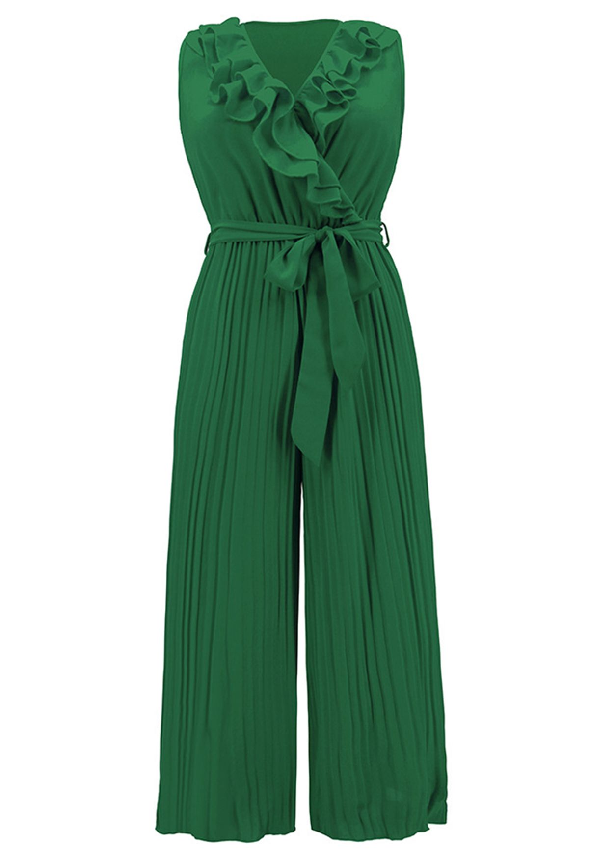 Tiered Ruffle Wrap Plisse Jumpsuit in Green