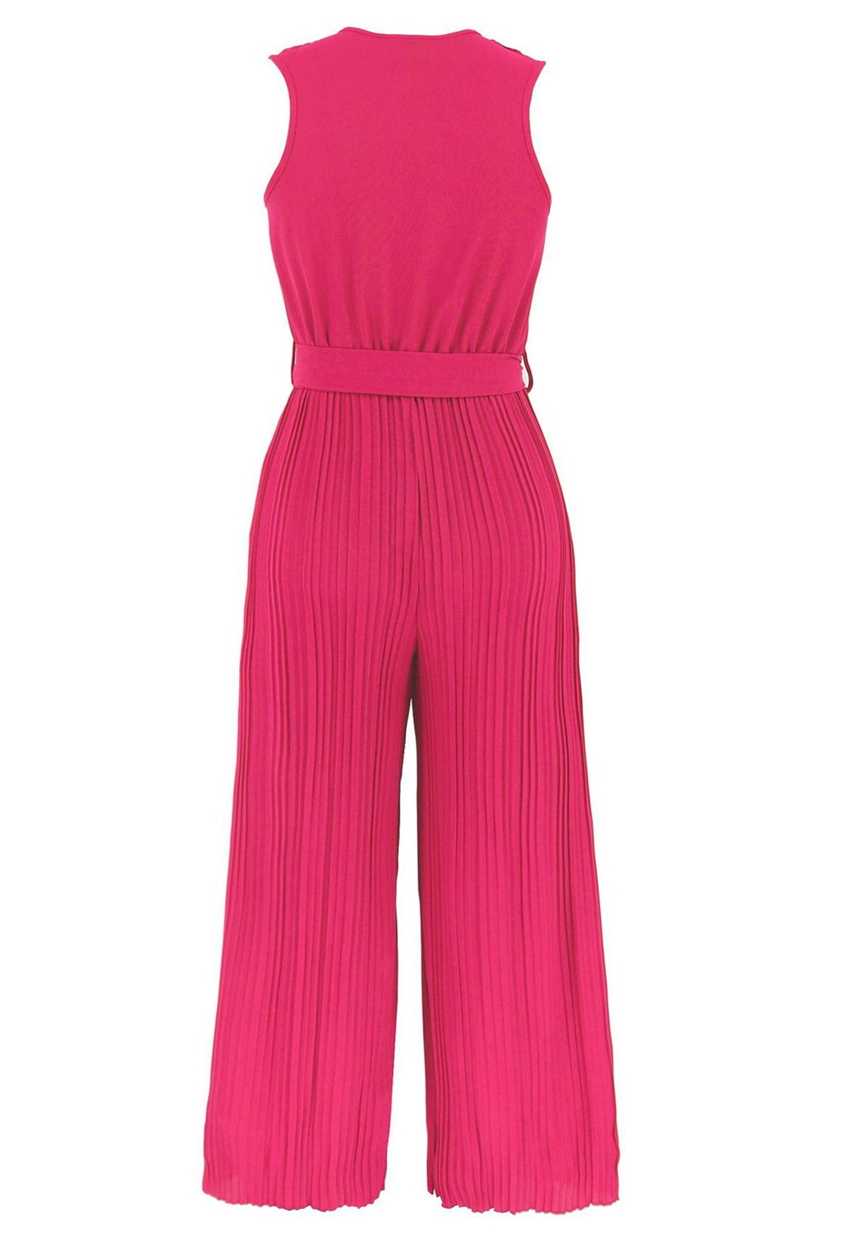Tiered Ruffle Wrap Plisse Jumpsuit in Hot Pink