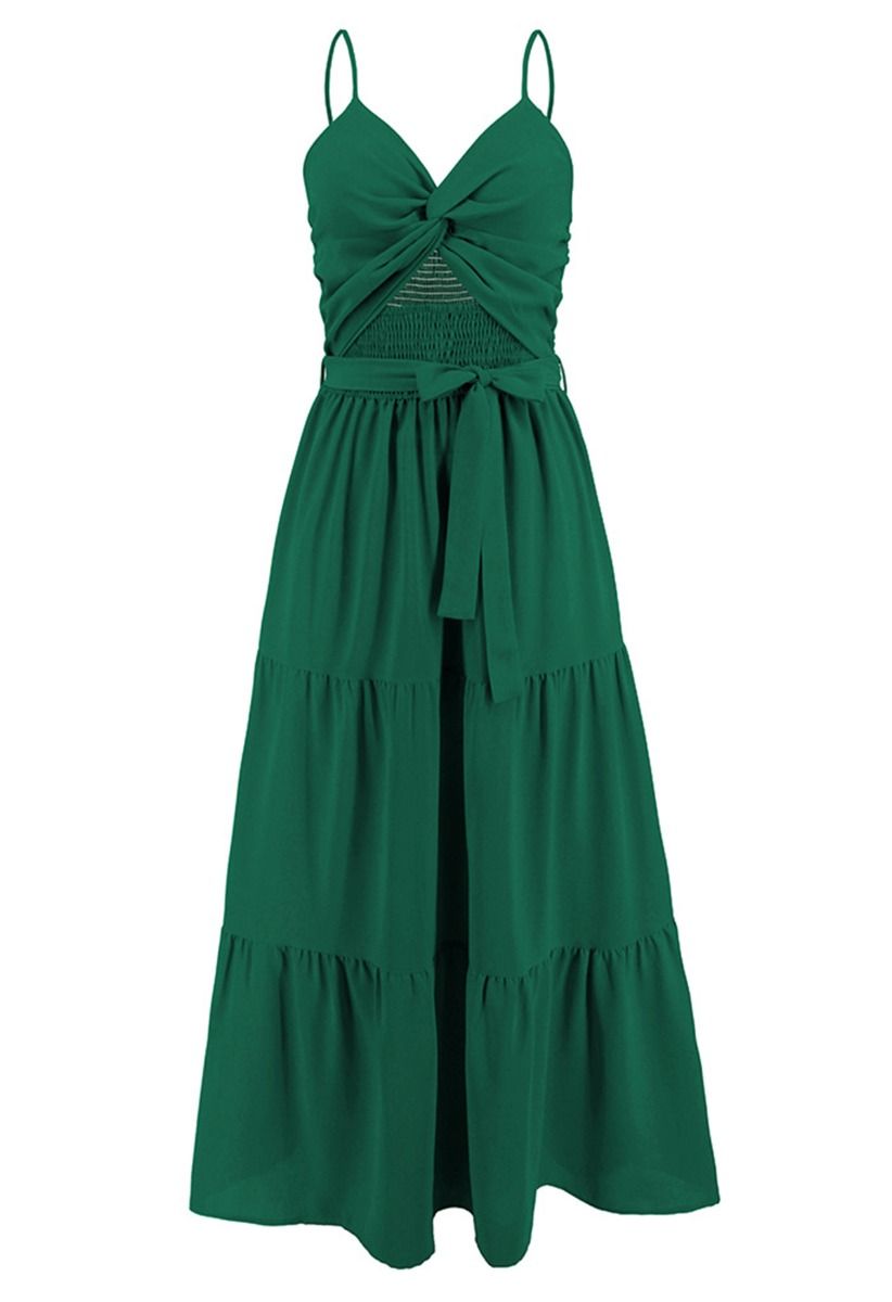 Twist Cutout Shirred Cami Maxi Dress in Green