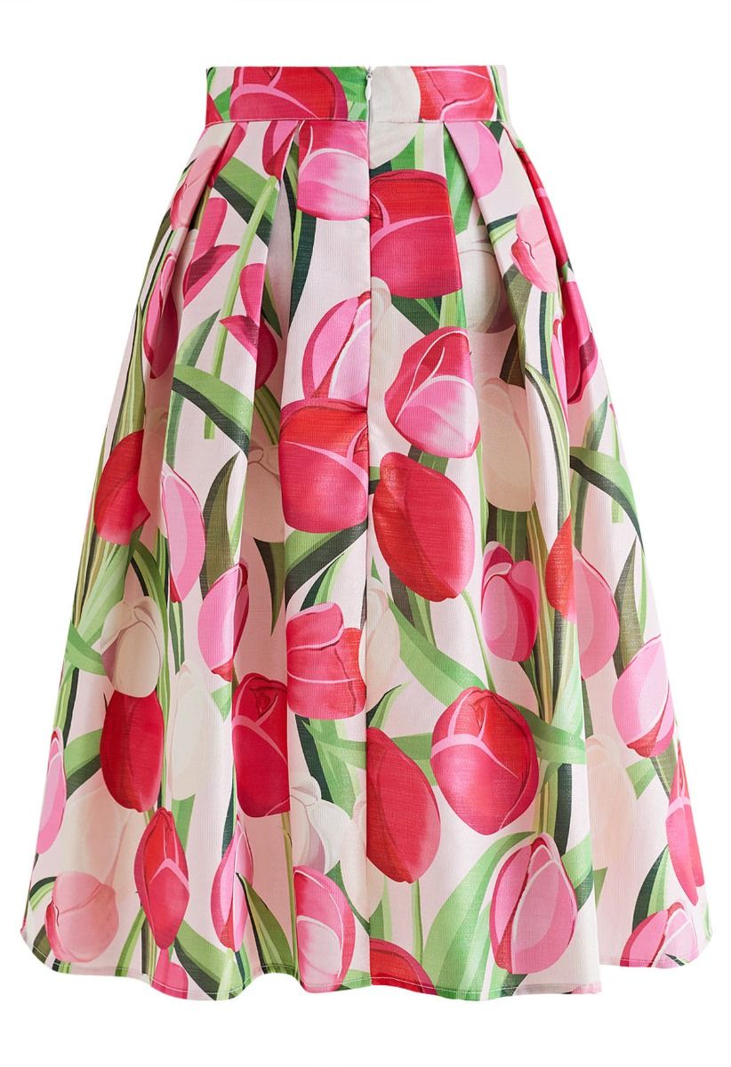 Lustrous Metallic Tulip Printed Midi Skirt