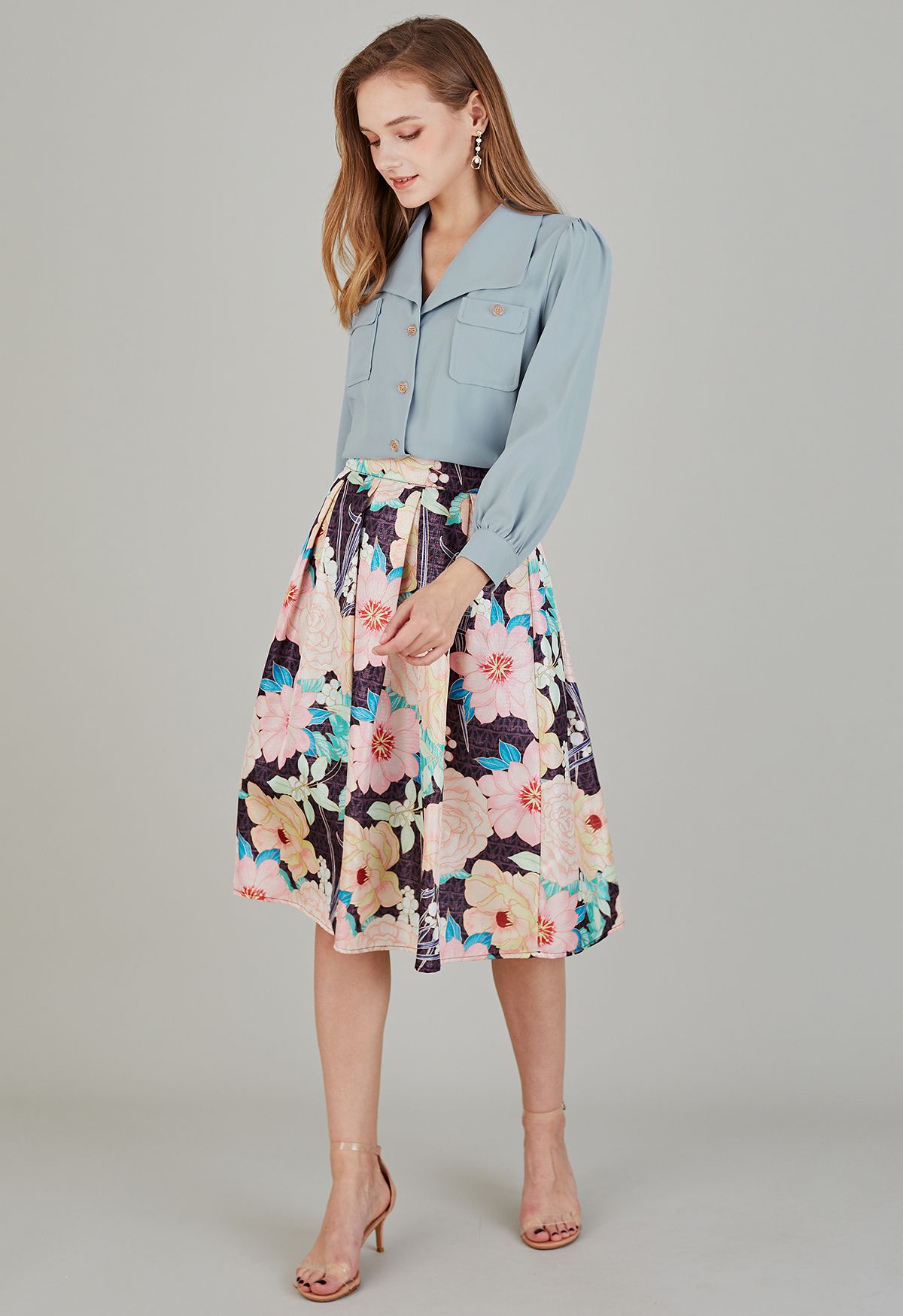 Lustrous Metallic Floral Printed Midi Skirt