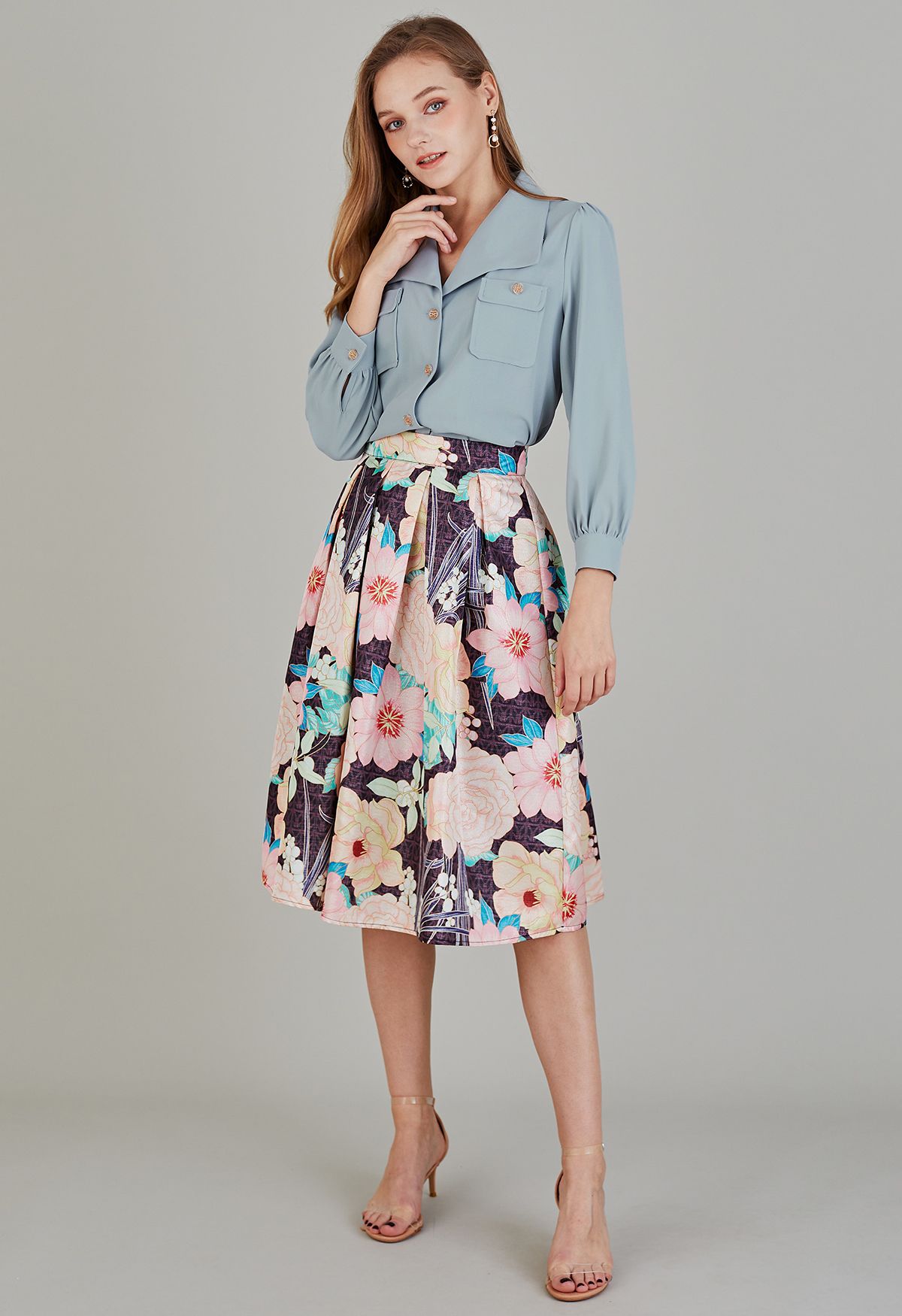 Lustrous Metallic Floral Printed Midi Skirt