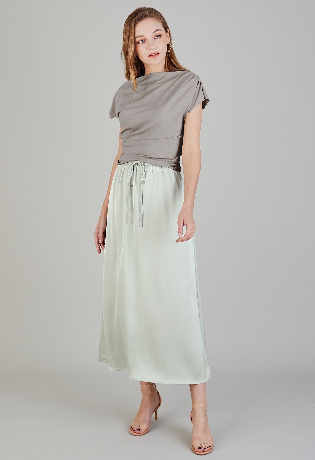 Asymmetric Boat Neck Ruched Top in Taupe