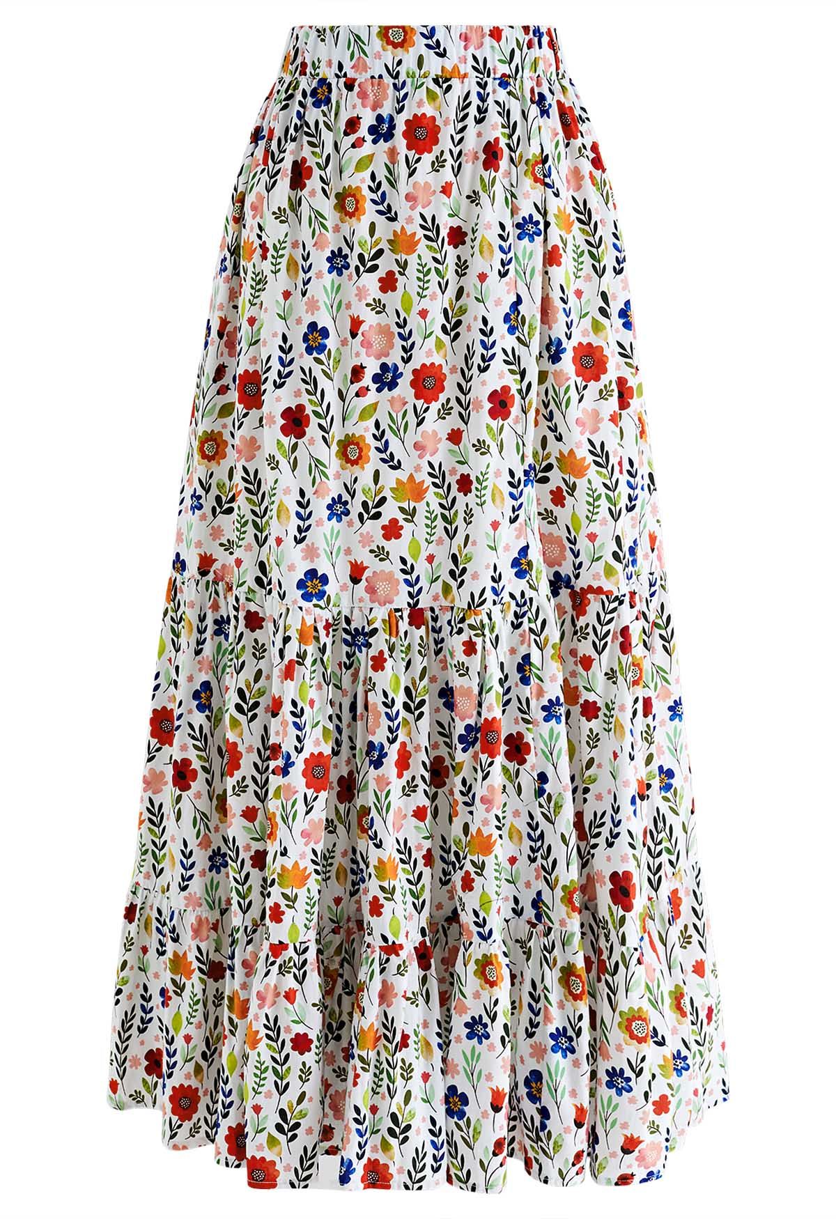 Off-Shoulder Bowknot Crop Top and Flare Skirt Set in Floret Print