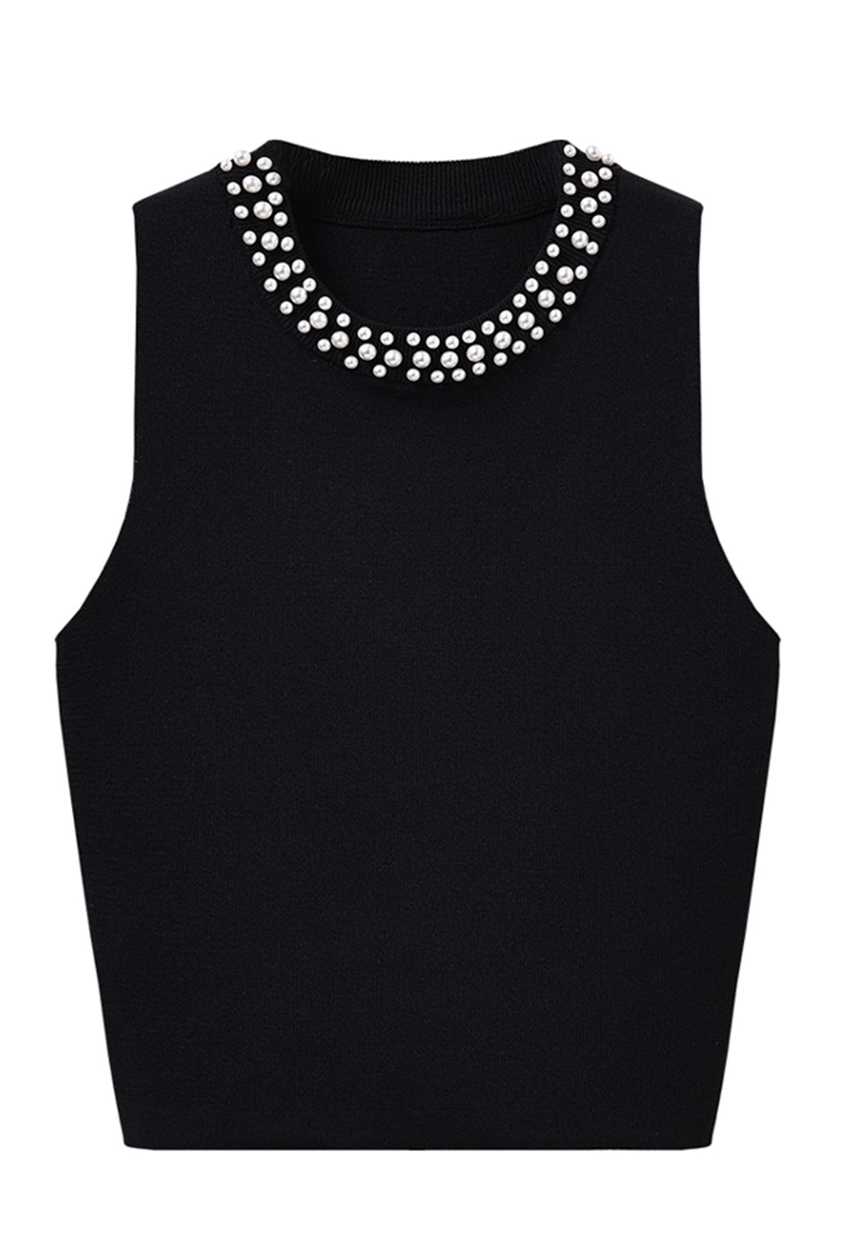 Pearly Neckline Knit Tank Top in Black