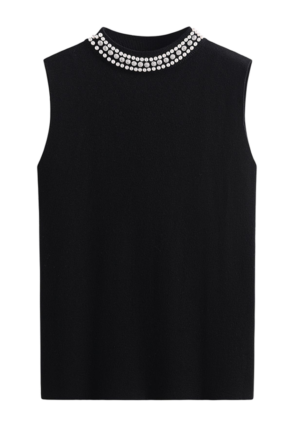 Pearl Embellished Mock Neck Sleeveless Knit Top in Black