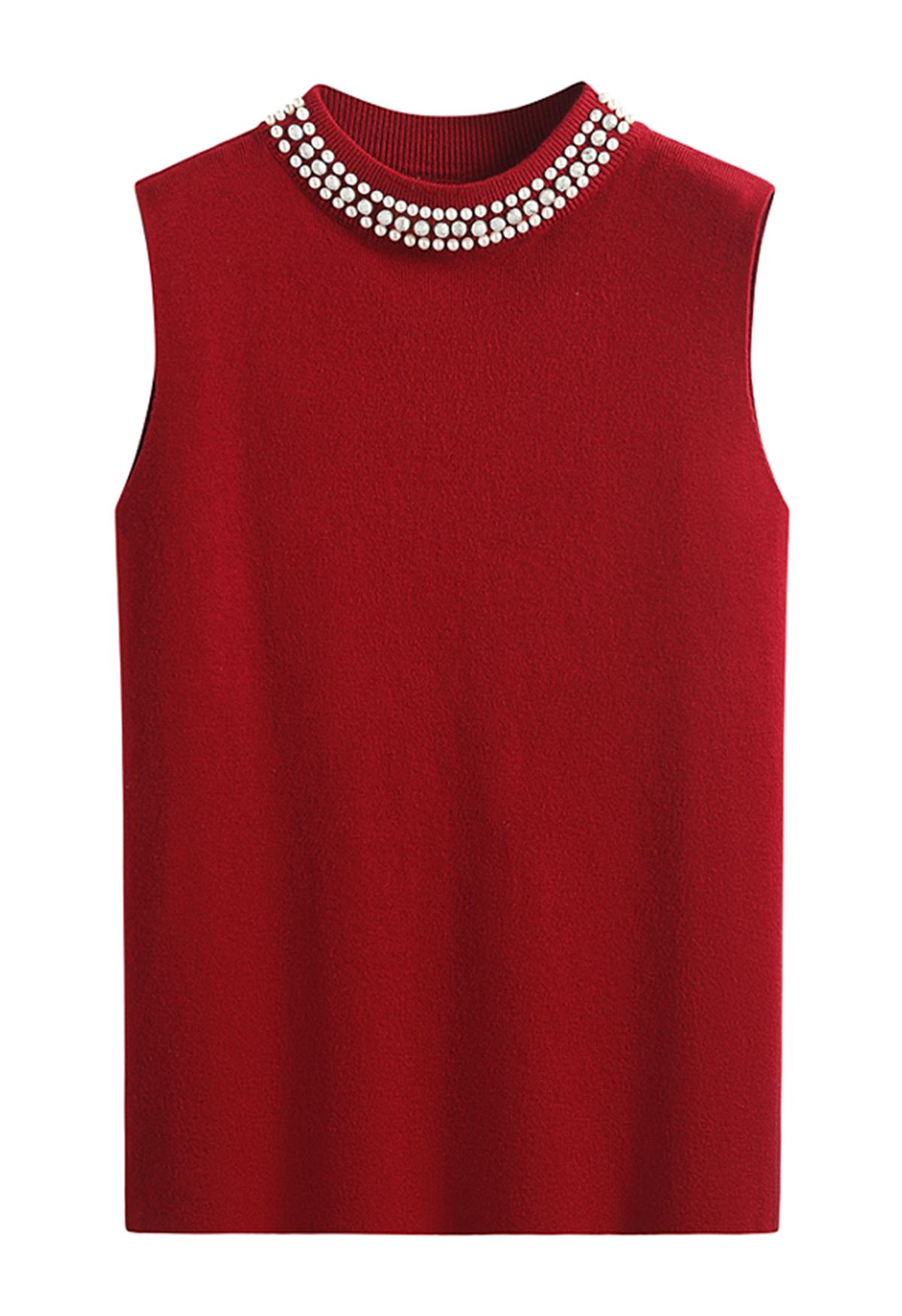 Pearl Embellished Mock Neck Sleeveless Knit Top in Burgundy