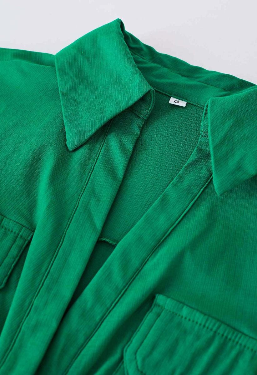 Front Tie Flap Pocket Crop Shirt in Green